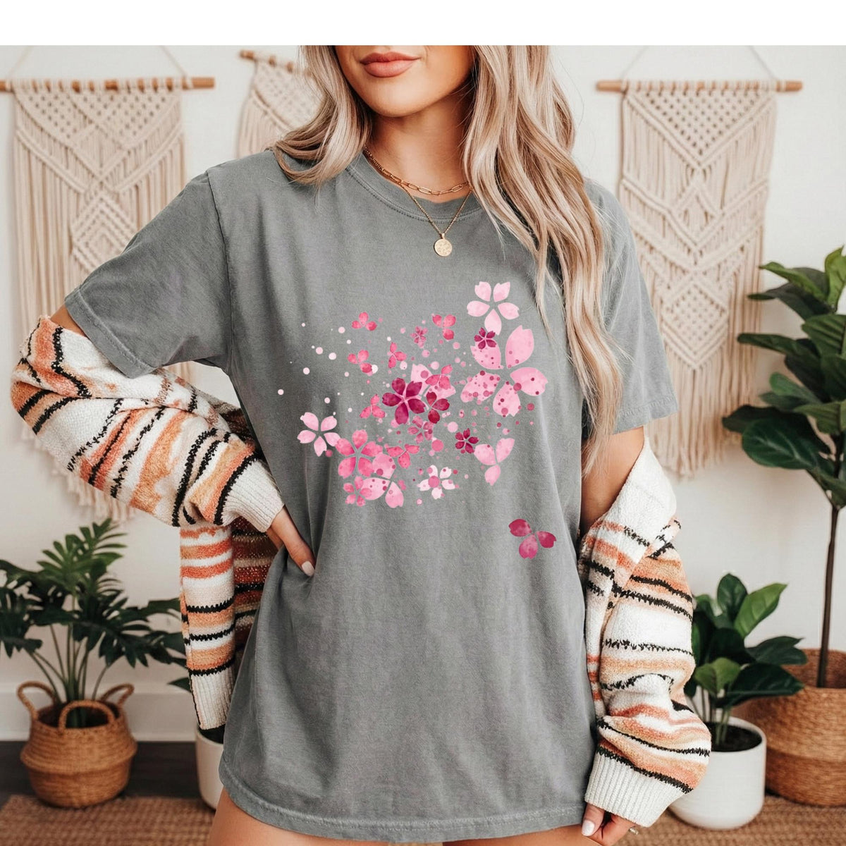 Cherry Blossom Graphic Tee: Vintage Pink Floral Comfort Colors Shirt