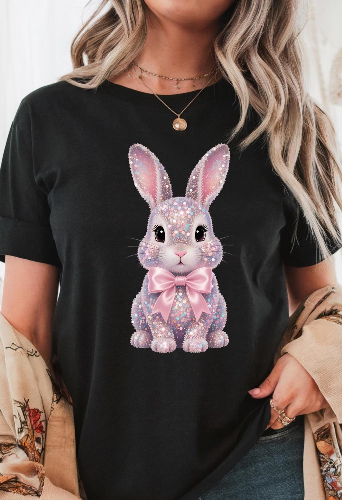 Sparkly Bunny Comfort Colors short sleeve tshirt, Easter Tshirt, FAUX sparkles, sequins, and rhinestones