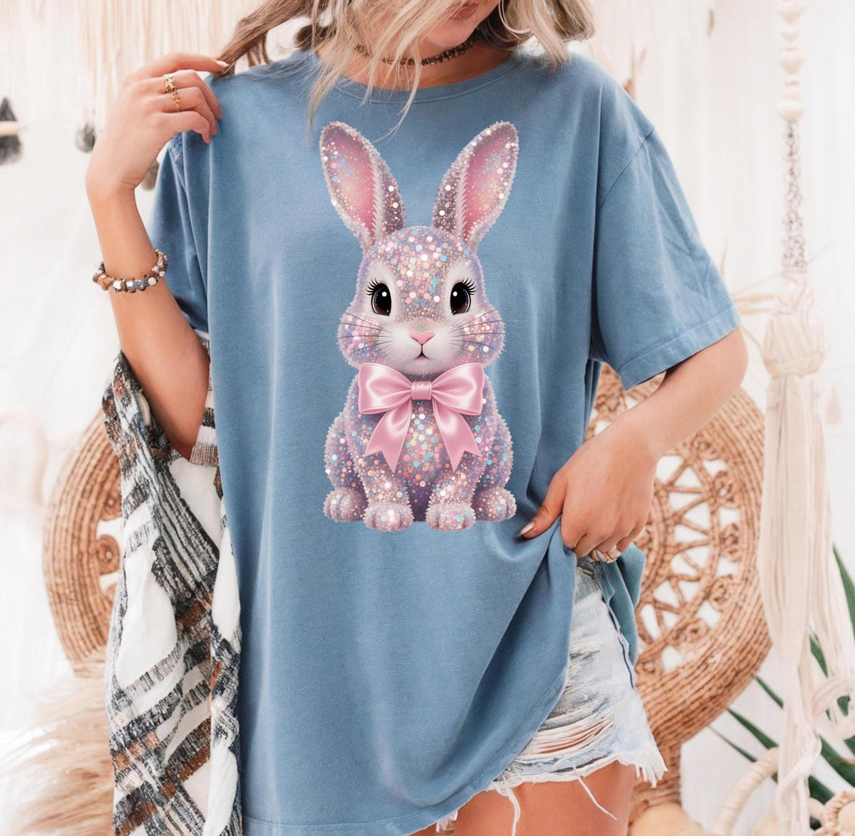 Sparkly Bunny Comfort Colors short sleeve tshirt, Easter Tshirt, FAUX sparkles, sequins, and rhinestones
