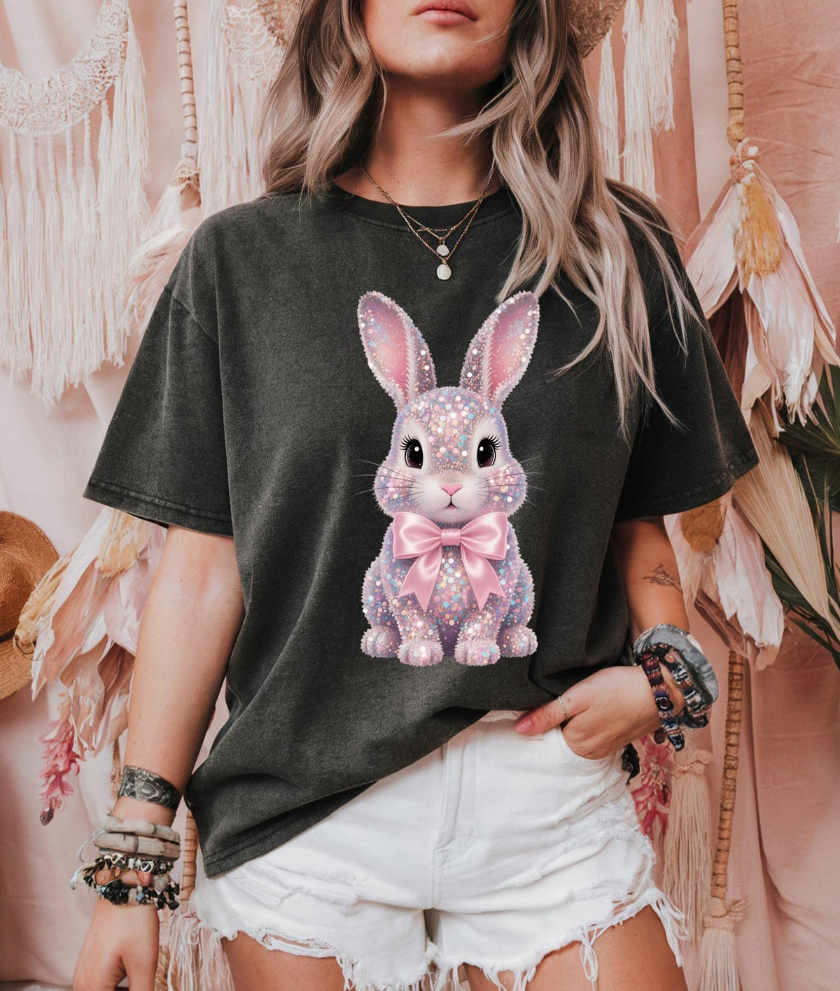 Sparkly Bunny Comfort Colors short sleeve tshirt, Easter Tshirt, FAUX sparkles, sequins, and rhinestones