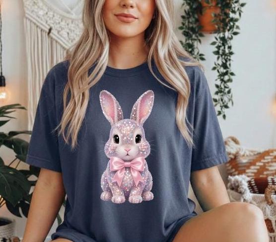 Sparkly Bunny Comfort Colors short sleeve tshirt, Easter Tshirt, FAUX sparkles, sequins, and rhinestones