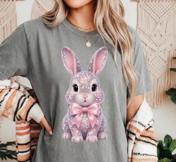 Sparkly Bunny Comfort Colors short sleeve tshirt, Easter Tshirt, FAUX sparkles, sequins, and rhinestones