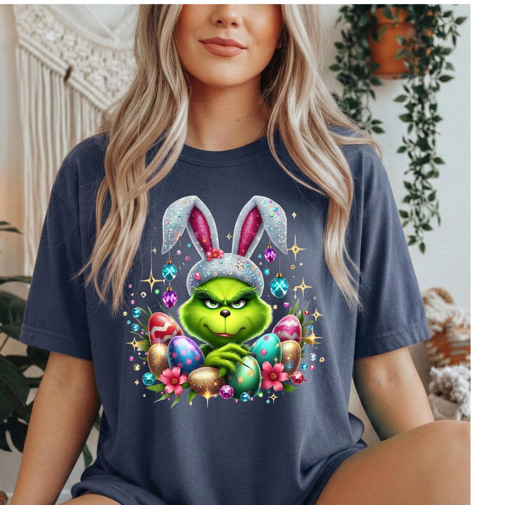 Sparkly FAUX glitter, sequin and rhinestone Mean Green Guy Easter Tshirt.