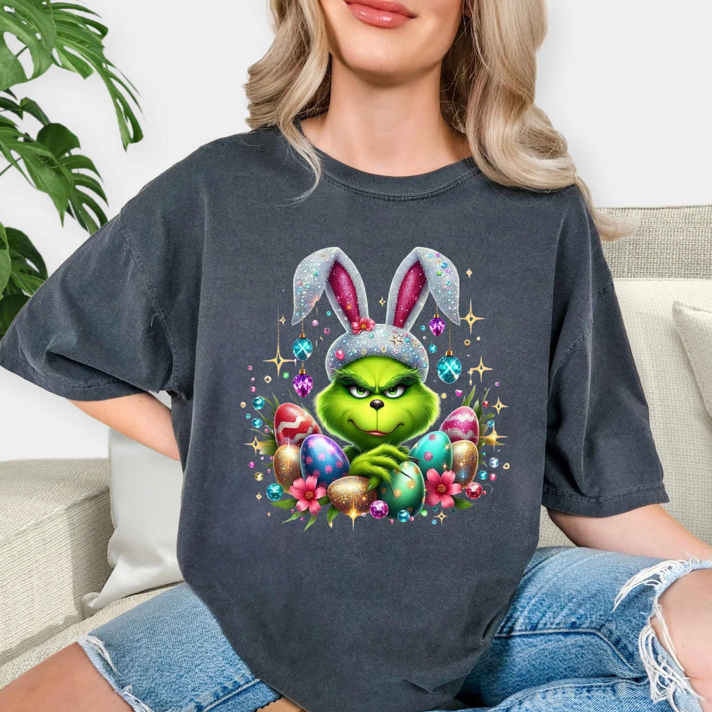 Sparkly FAUX glitter, sequin and rhinestone Mean Green Guy Easter Tshirt.