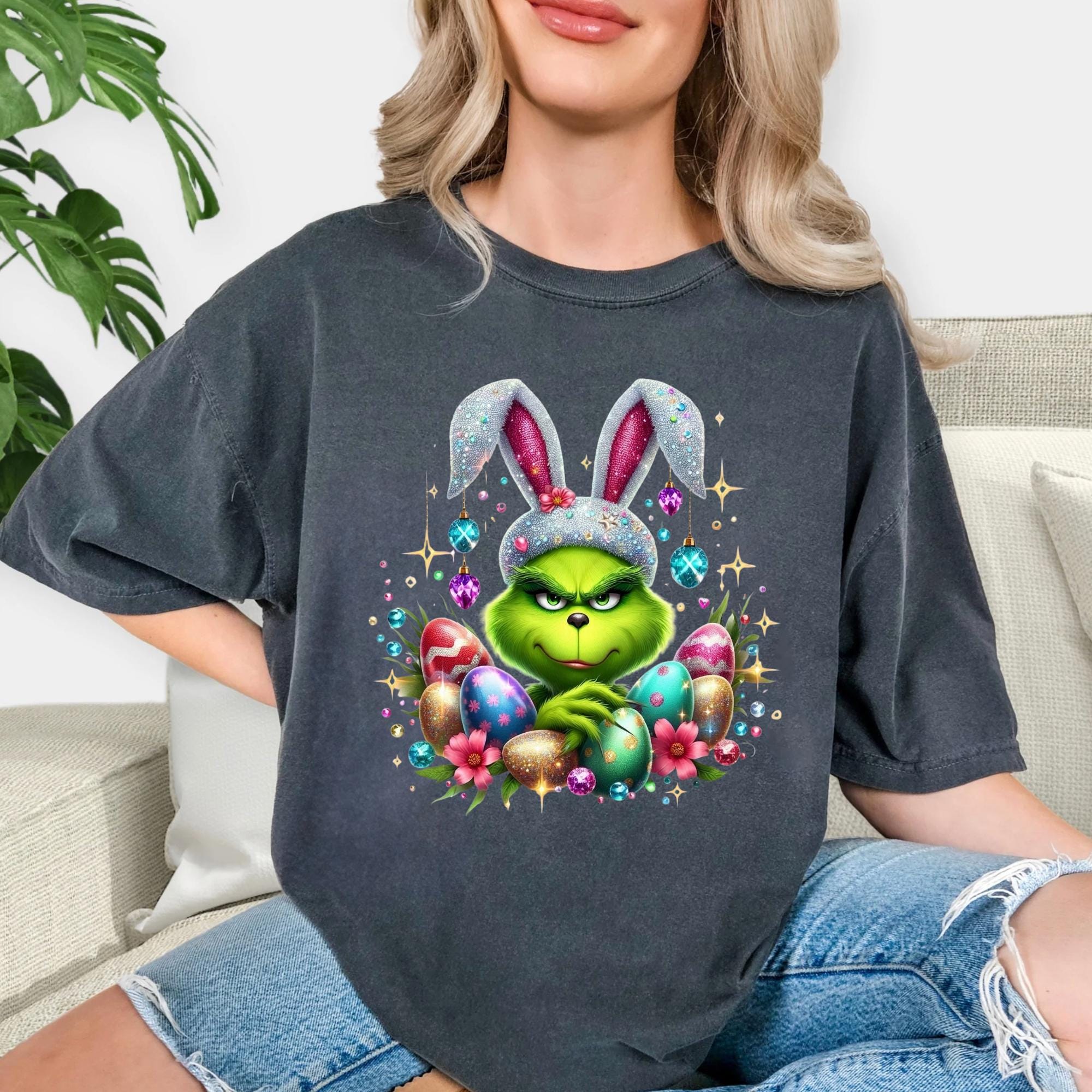 Sparkly FAUX glitter, sequin and rhinestone Mean Green Guy Easter Tshirt.