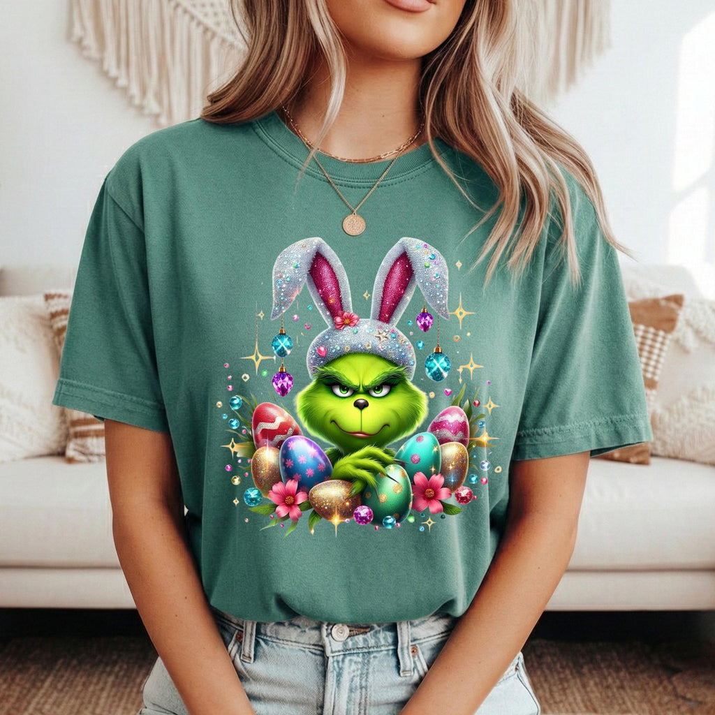 Sparkly FAUX glitter, sequin and rhinestone Mean Green Guy Easter Tshirt.