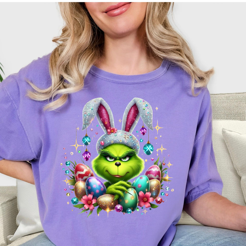 Sparkly FAUX glitter, sequin and rhinestone Mean Green Guy Easter Tshirt.