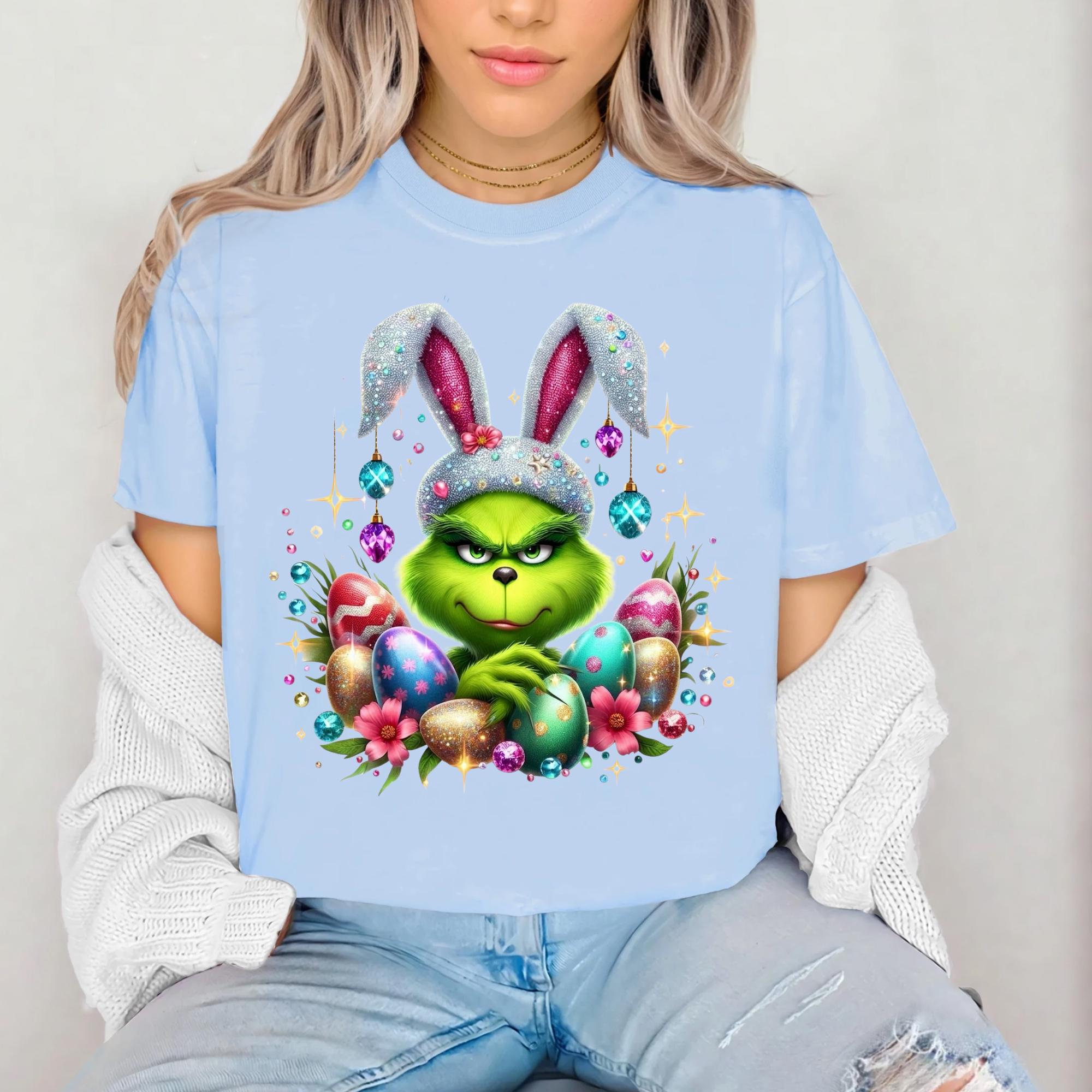 Sparkly FAUX glitter, sequin and rhinestone Mean Green Guy Easter Tshirt.