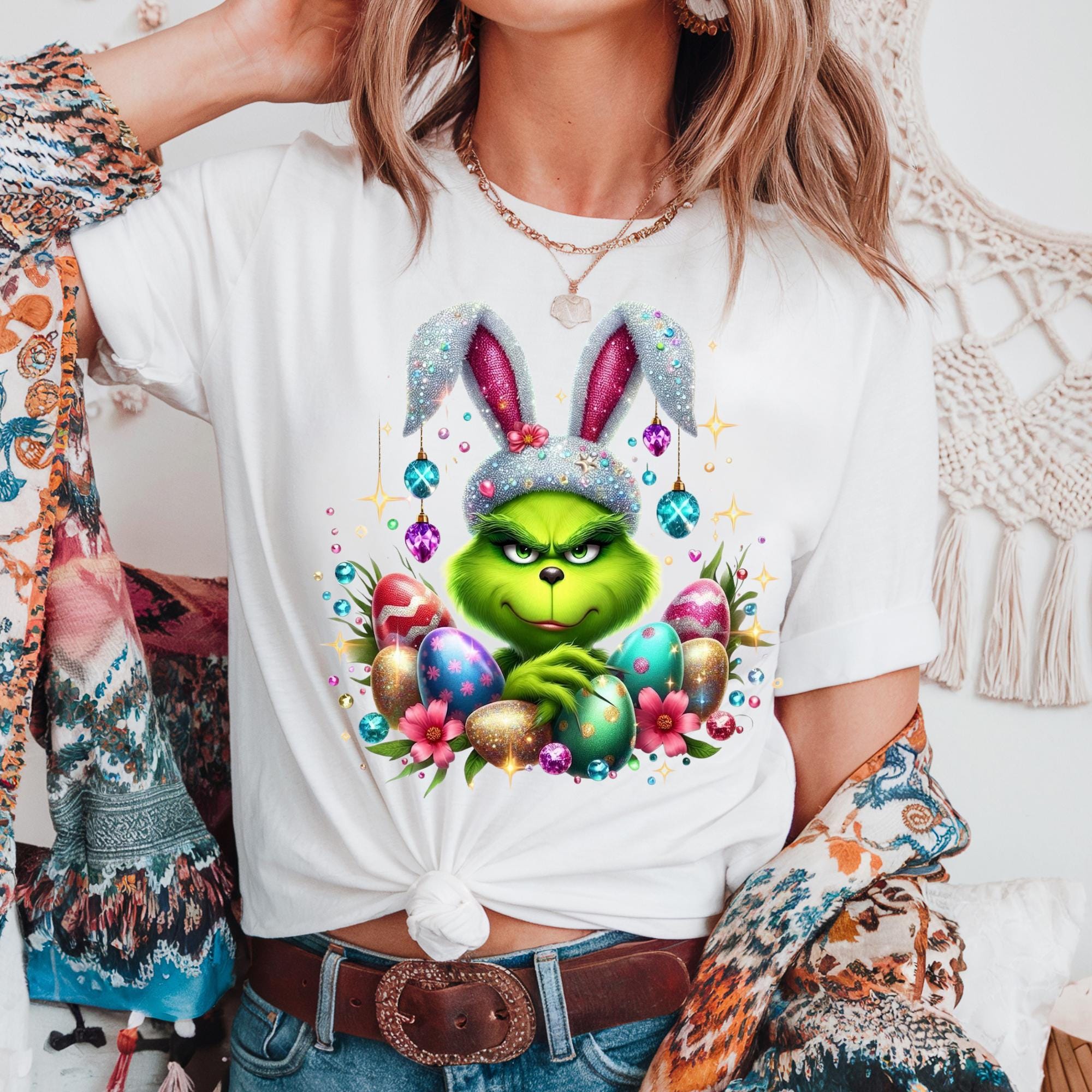 Sparkly FAUX glitter, sequin and rhinestone Mean Green Guy Easter Tshirt.