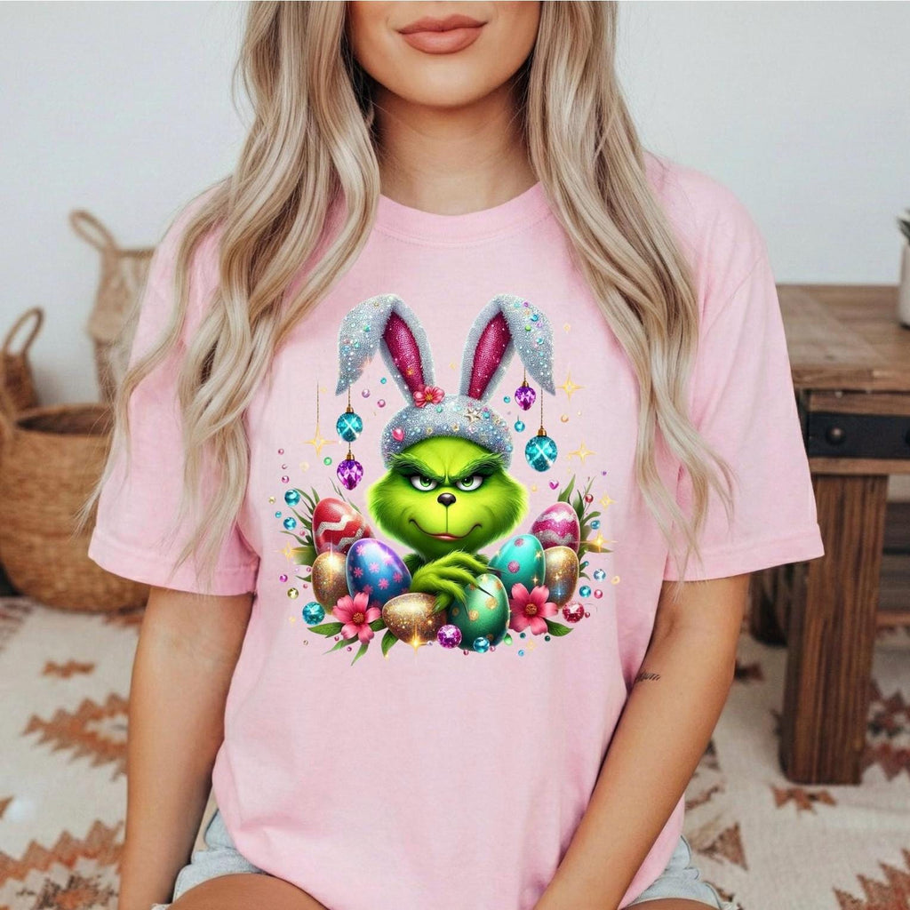 Sparkly FAUX glitter, sequin and rhinestone Mean Green Guy Easter Tshirt.