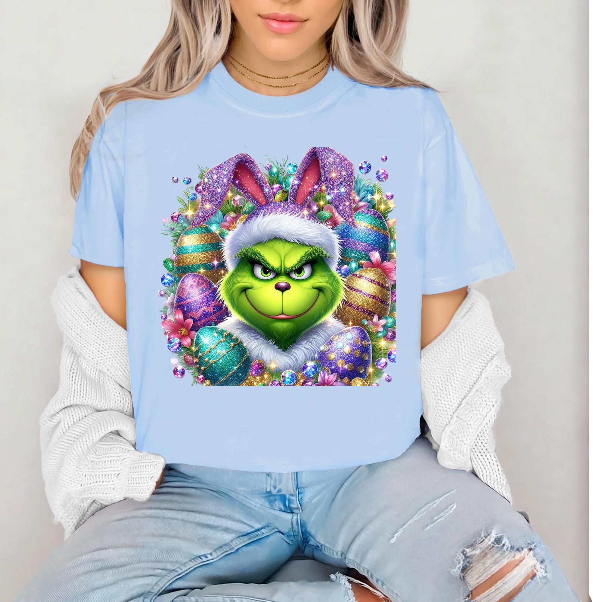 Sparkly FAUX glitter, sequin and rhinestone Mean Green Guy Easter Tshirt.