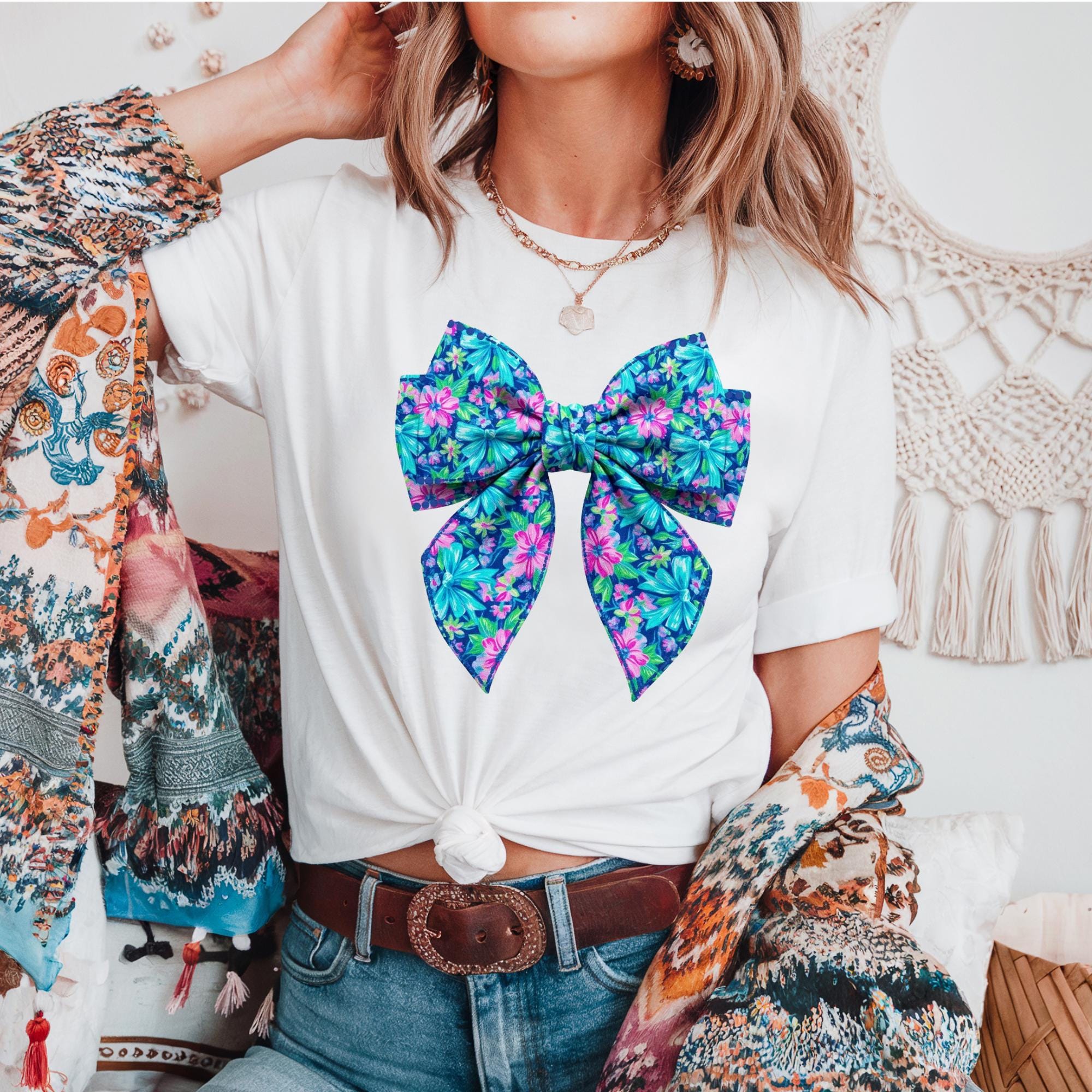 Floral Bow T-Shirt: Tropical Pattern, Coquette, Spring Summer Top