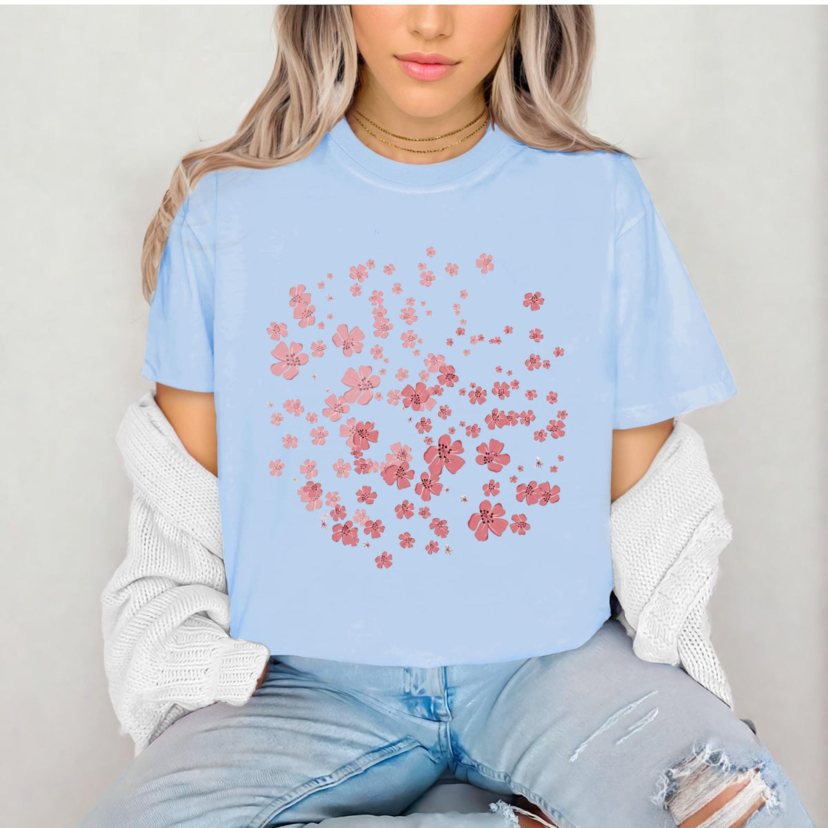 Boho Cherry Blossom Graphic Tee: Vintage Pink Floral Comfort Colors Shirt