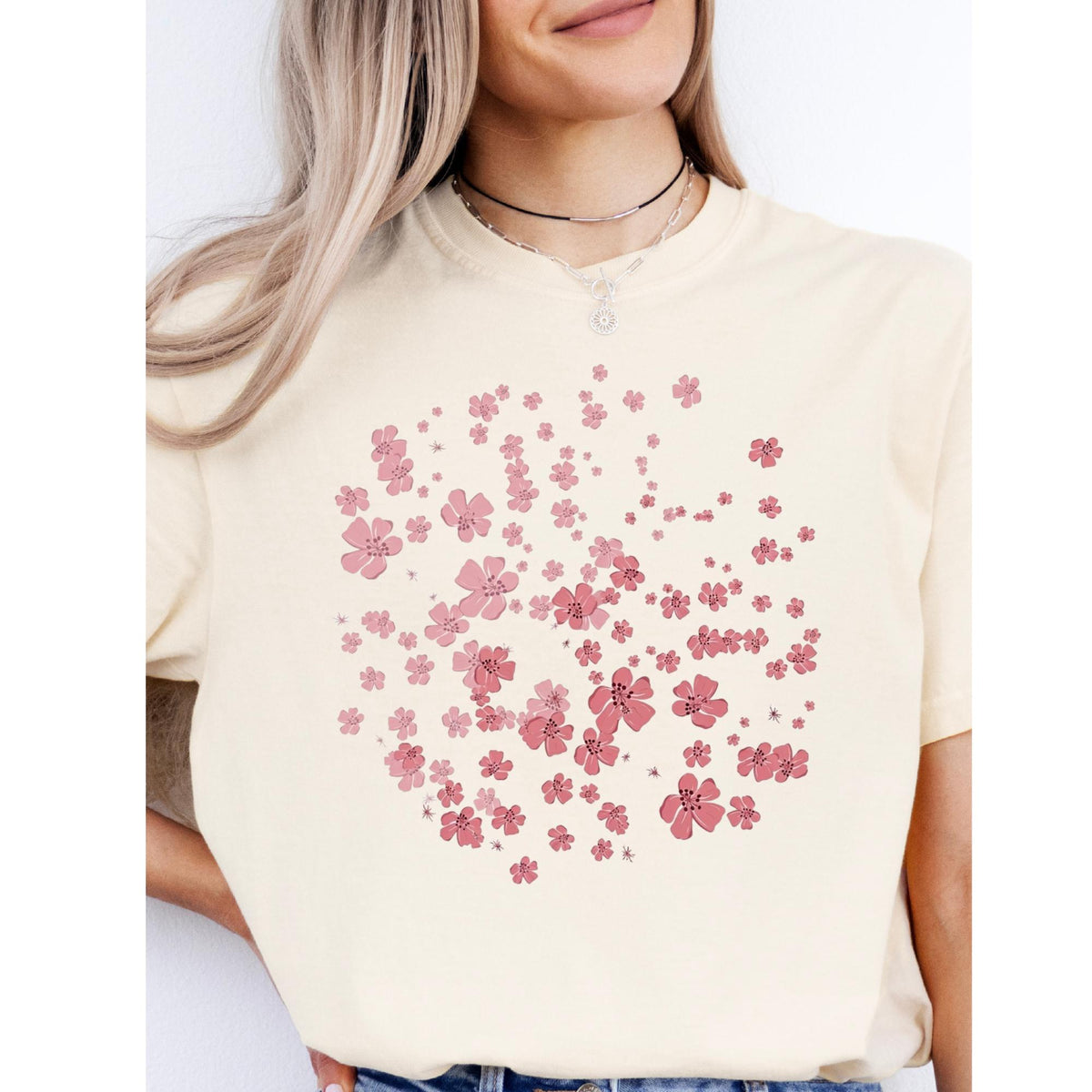 Boho Cherry Blossom Graphic Tee: Vintage Pink Floral Comfort Colors Shirt
