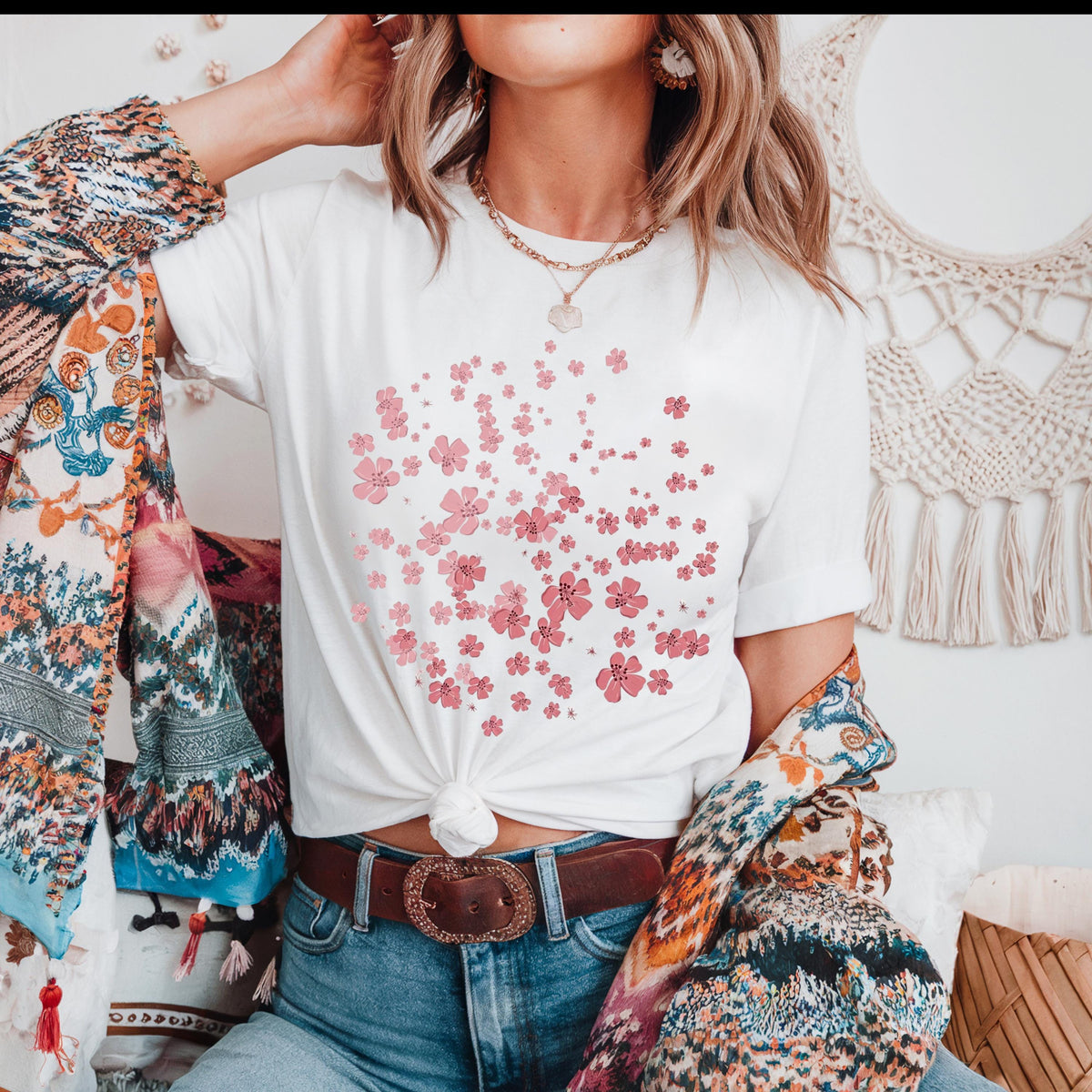 Boho Cherry Blossom Graphic Tee: Vintage Pink Floral Comfort Colors Shirt