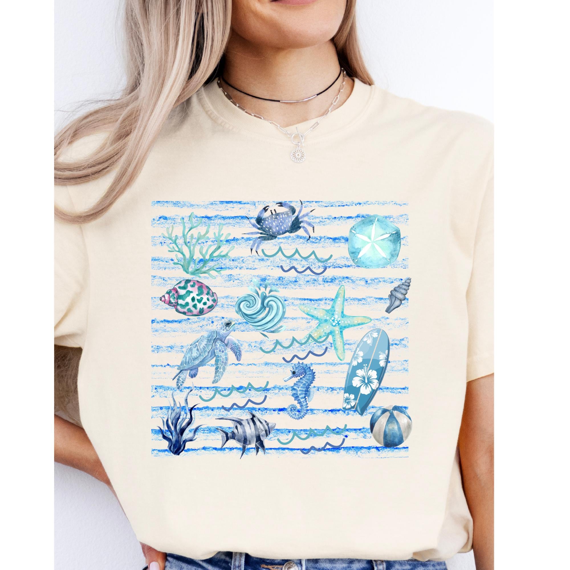 Coastal Watercolor Graphic Tee, Ocean Life, Beach Day Shirt