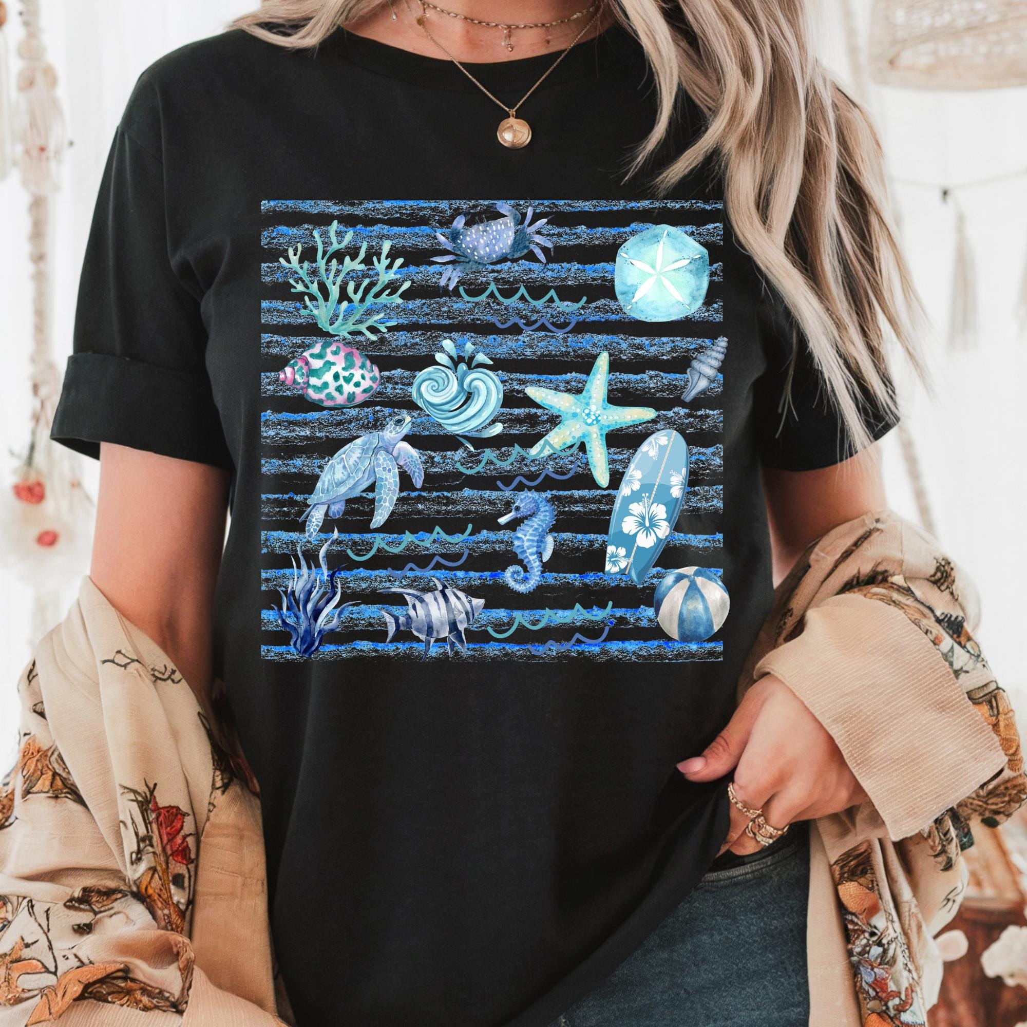 Coastal Watercolor Graphic Tee, Ocean Life, Beach Day Shirt