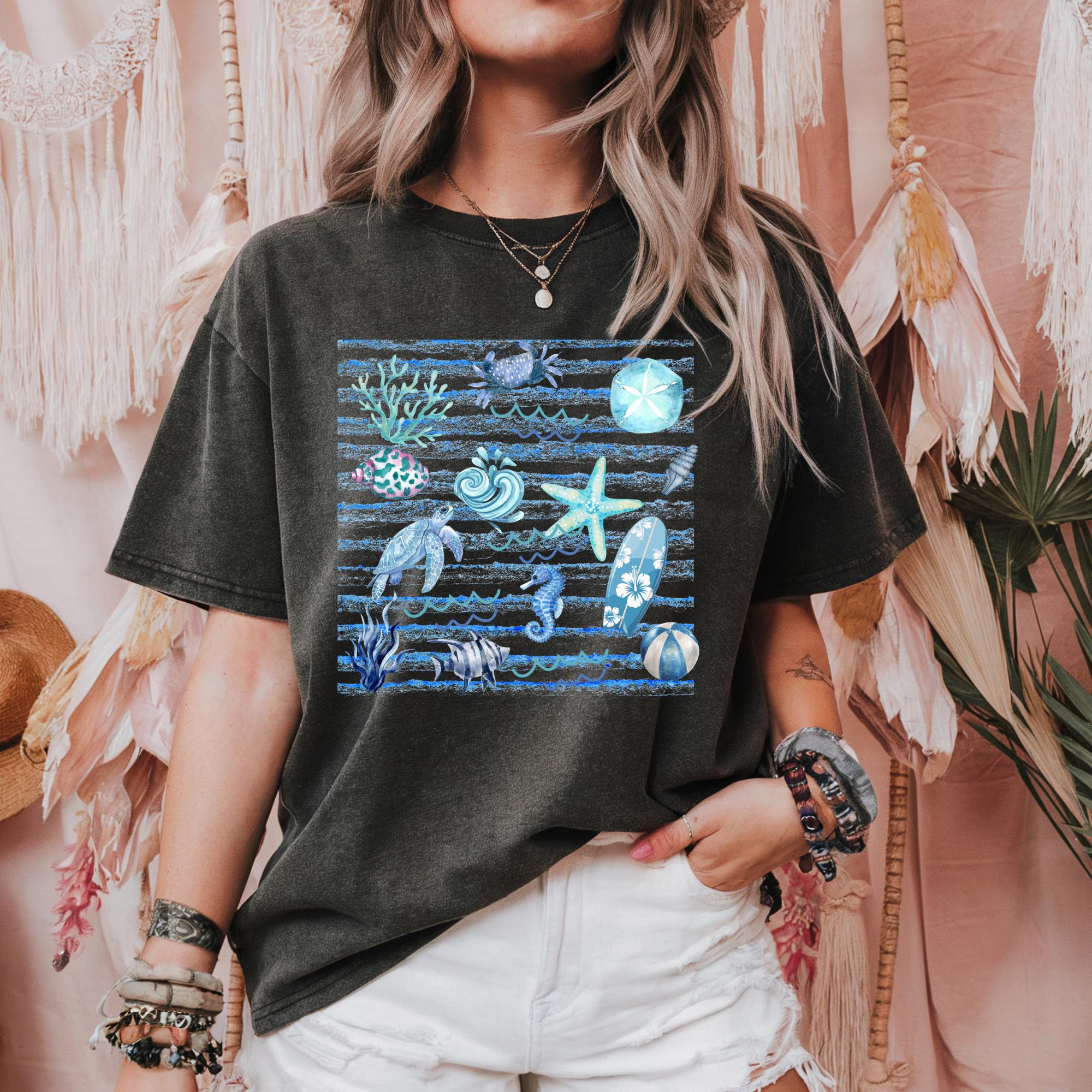 Coastal Watercolor Graphic Tee, Ocean Life, Beach Day Shirt