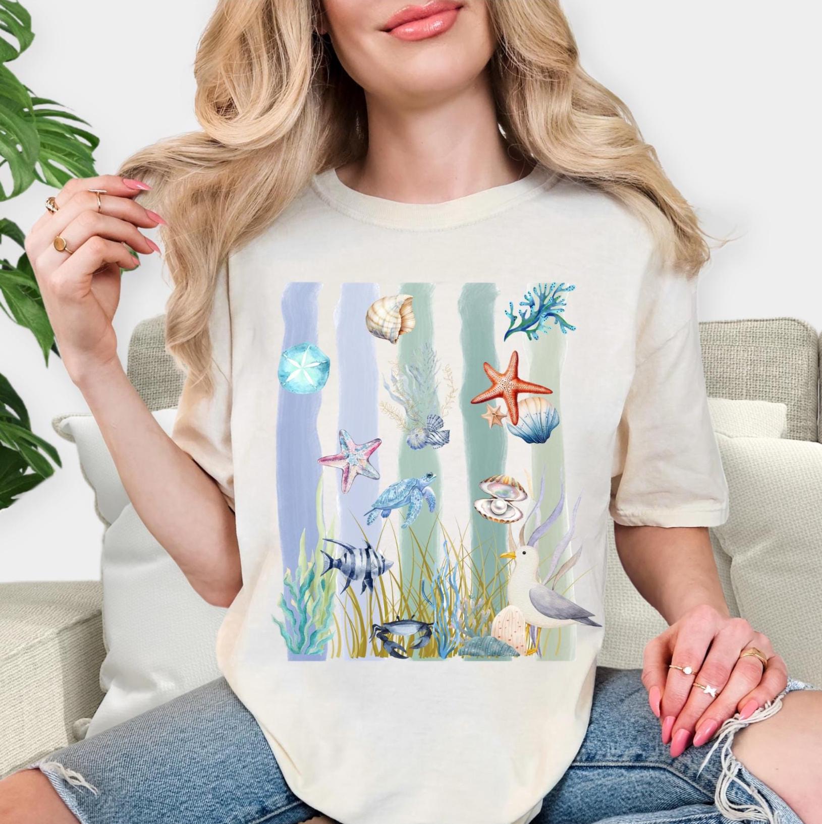 Coastal Watercolor T-Shirt, Vintage Sea Life Graphic Tee, Boho Beach Nature Shirt