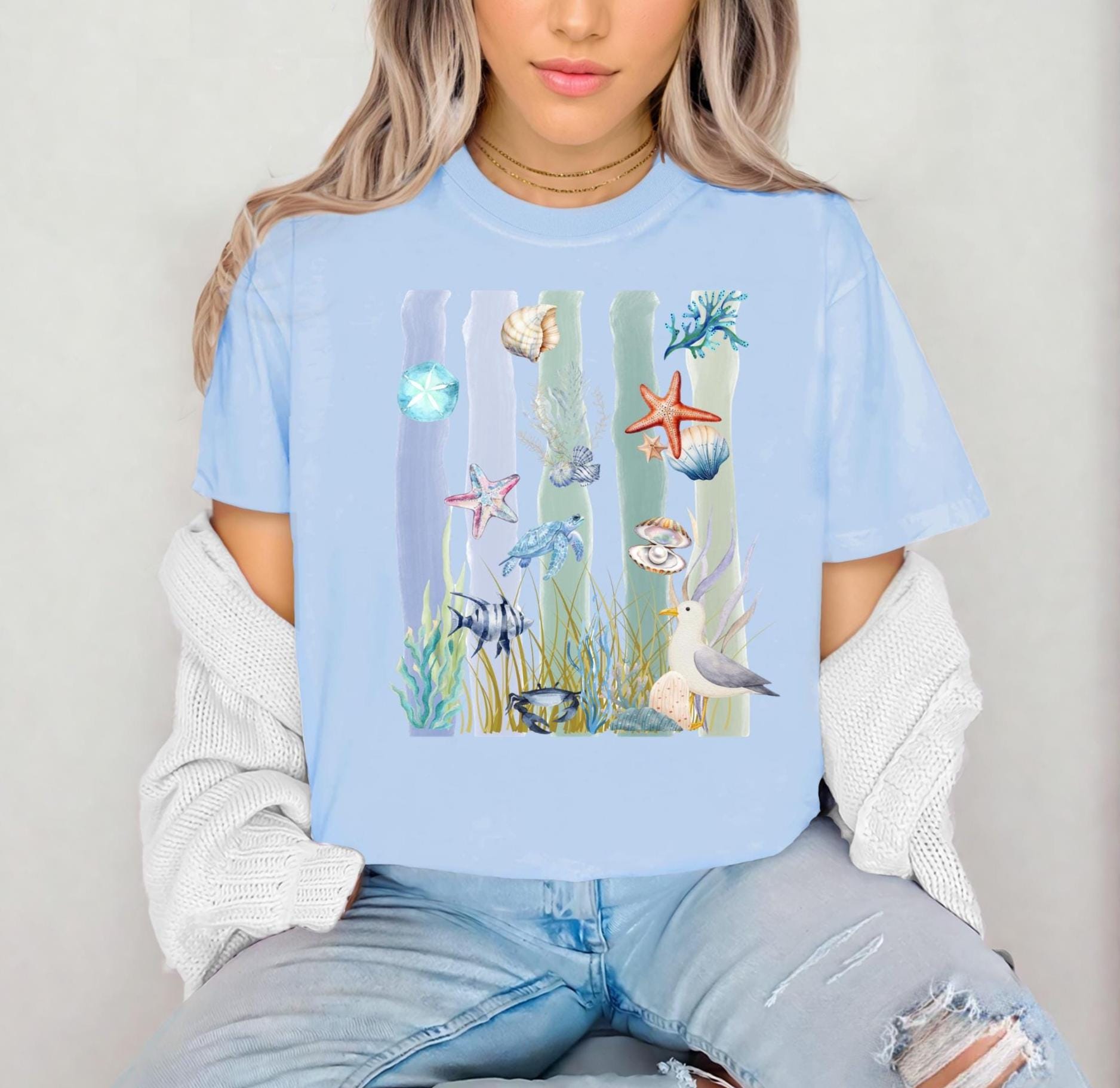 Coastal Watercolor T-Shirt, Vintage Sea Life Graphic Tee, Boho Beach Nature Shirt
