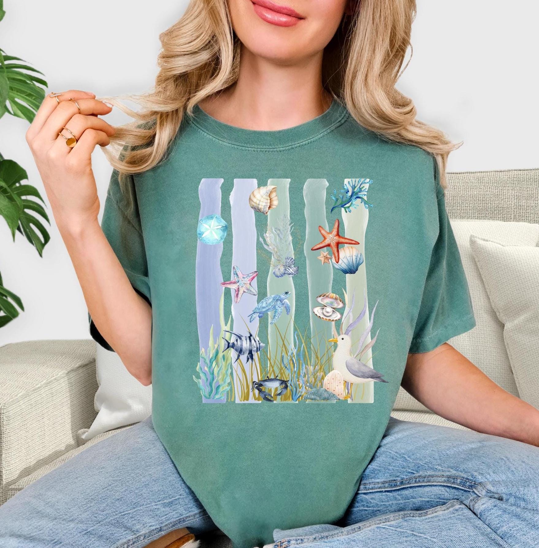 Coastal Watercolor T-Shirt, Vintage Sea Life Graphic Tee, Boho Beach Nature Shirt
