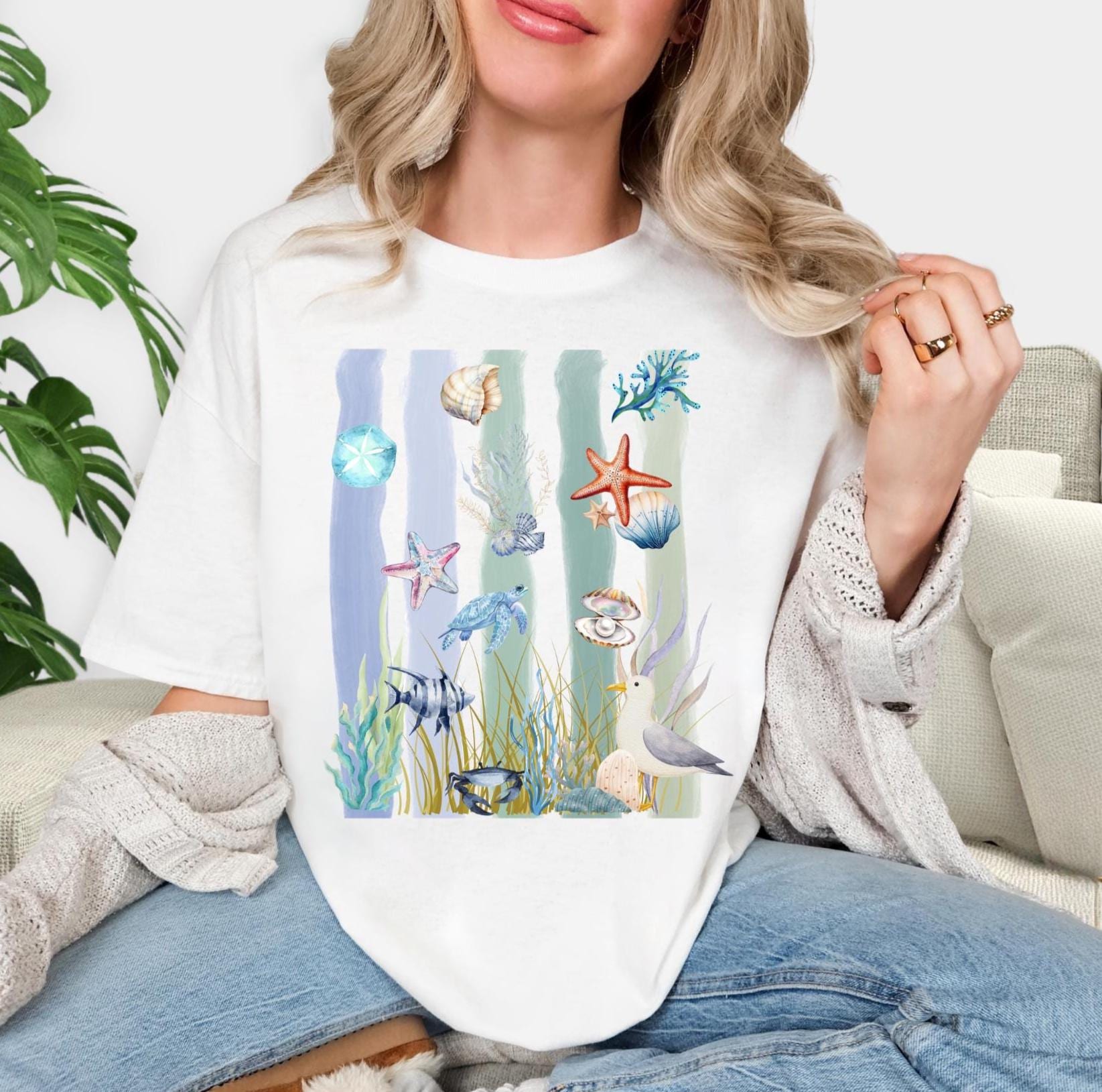 Coastal Watercolor T-Shirt, Vintage Sea Life Graphic Tee, Boho Beach Nature Shirt
