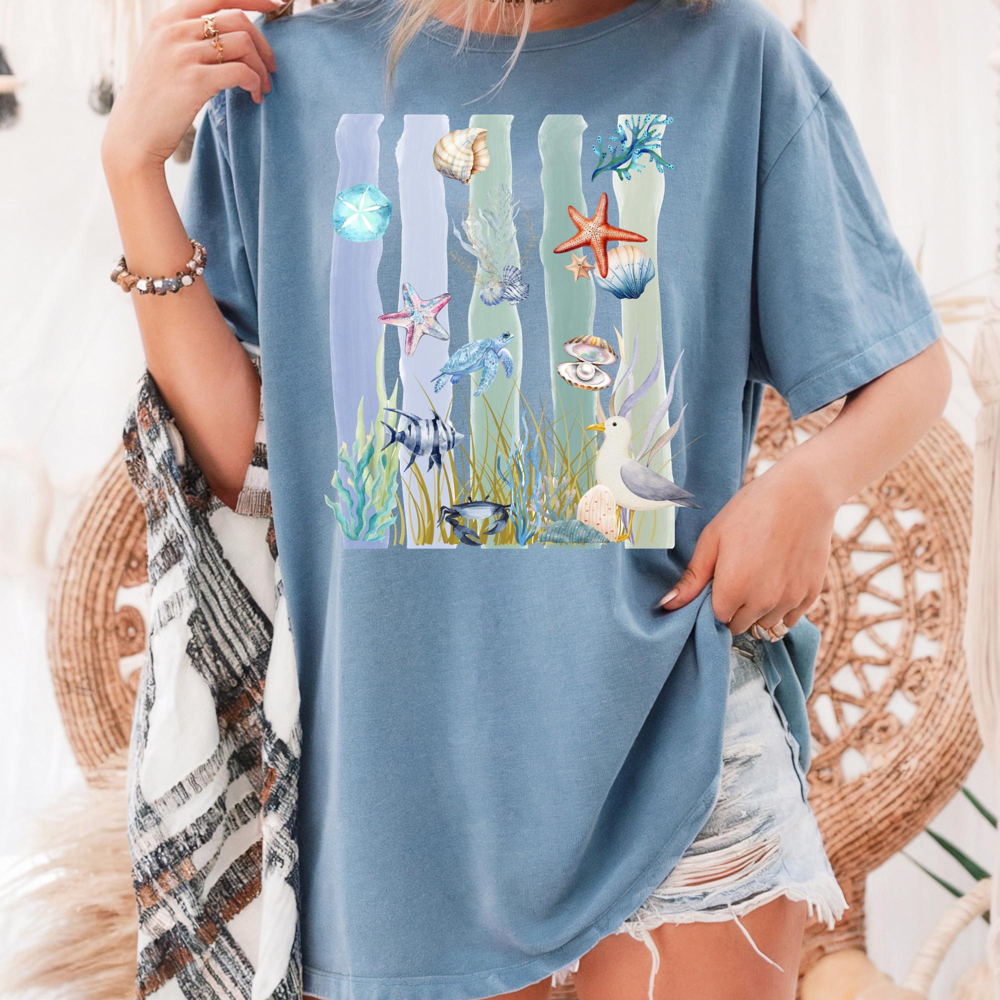 Coastal Watercolor T-Shirt, Vintage Sea Life Graphic Tee, Boho Beach Nature Shirt