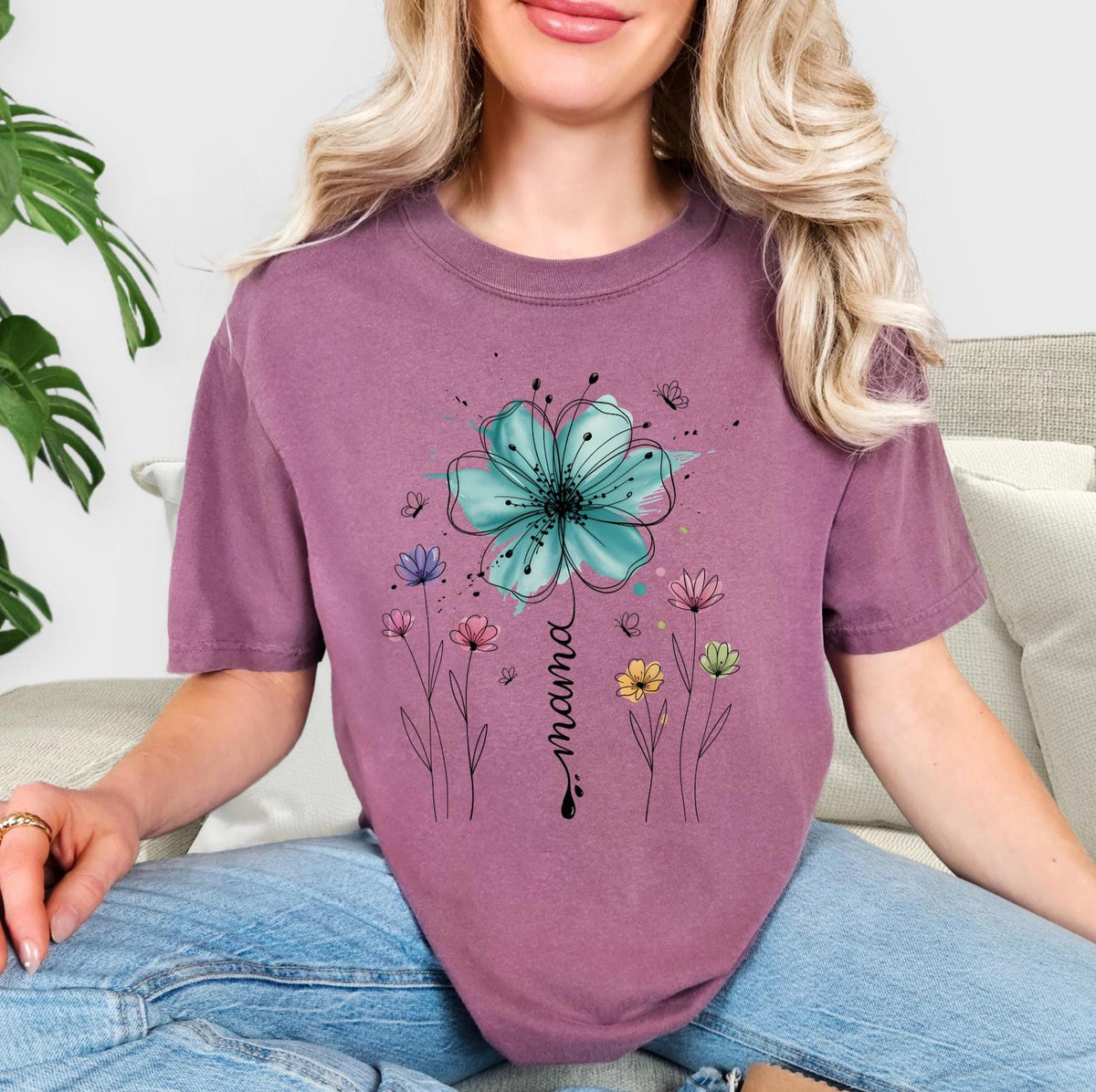 Mama Wildflower Watercolor T-Shirt, Boho Floral Mama Shirt