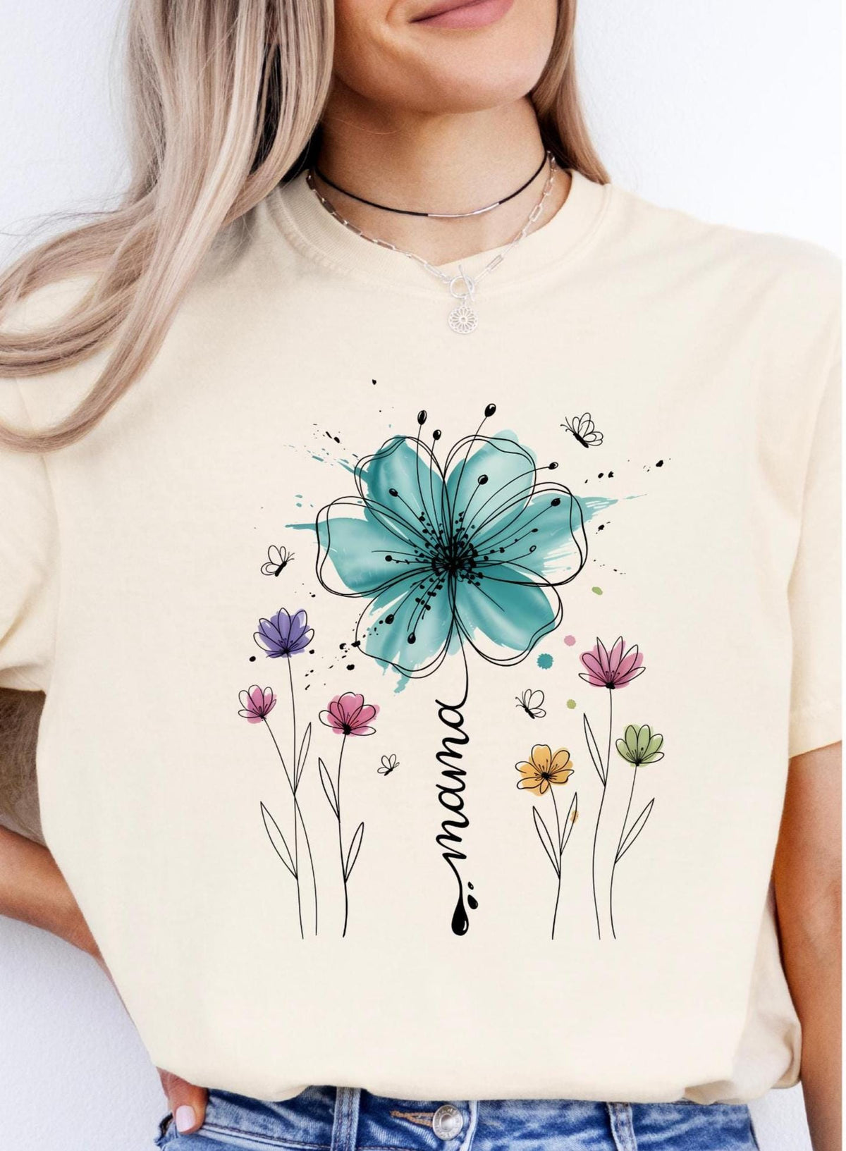 Mama Wildflower Watercolor T-Shirt, Boho Floral Mama Shirt