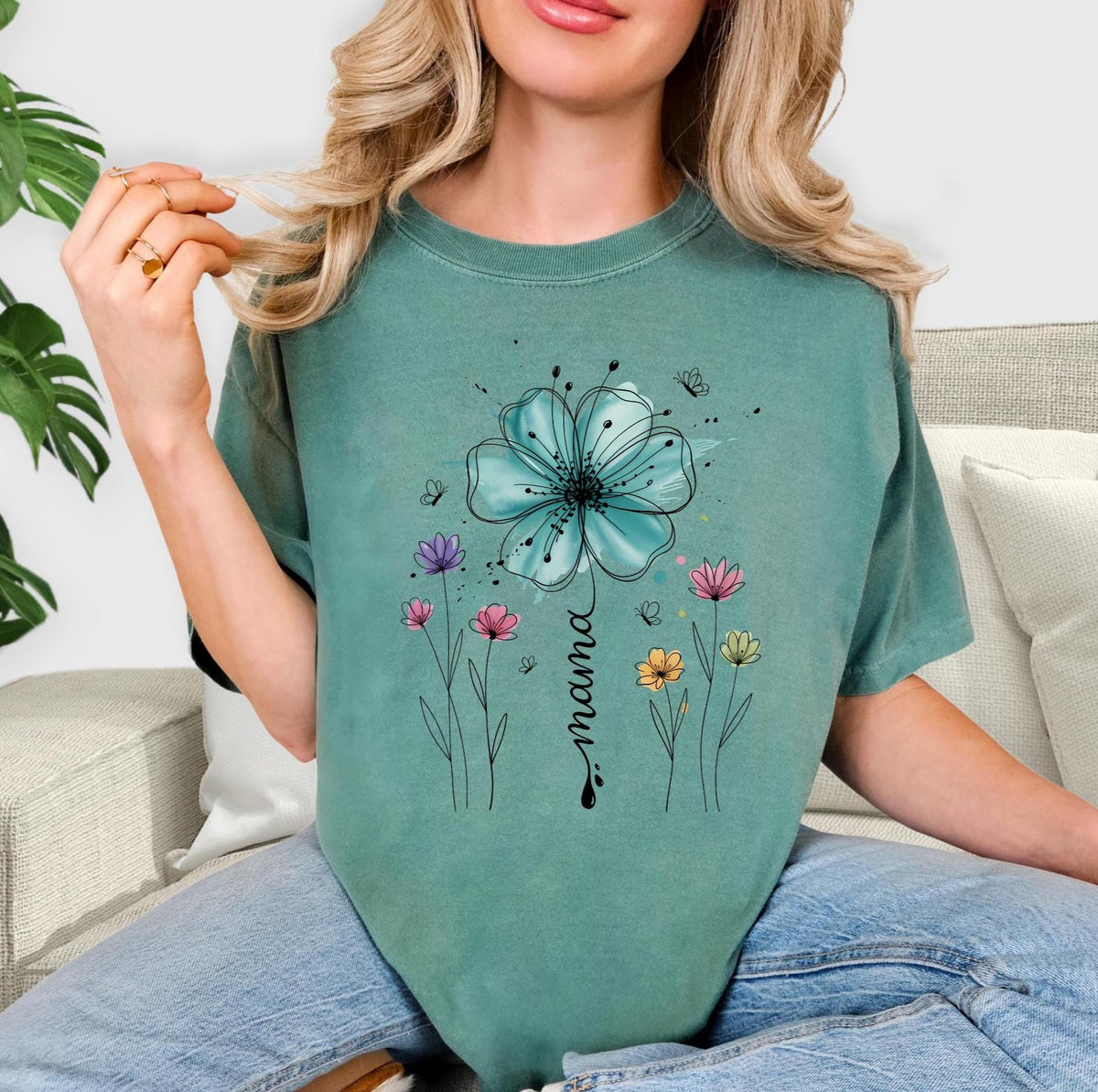 Mama Wildflower Watercolor T-Shirt, Boho Floral Mama Shirt