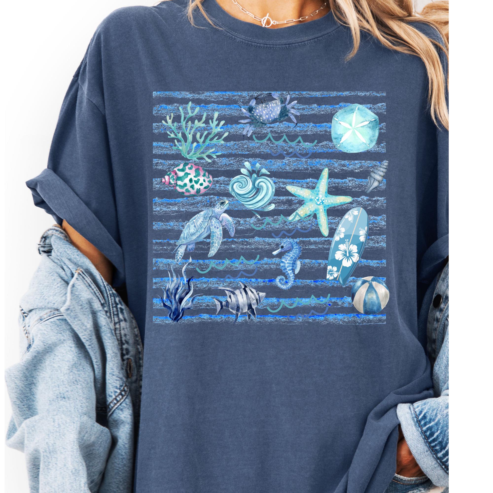 Coastal Watercolor Graphic Tee, Ocean Life, Beach Day Shirt