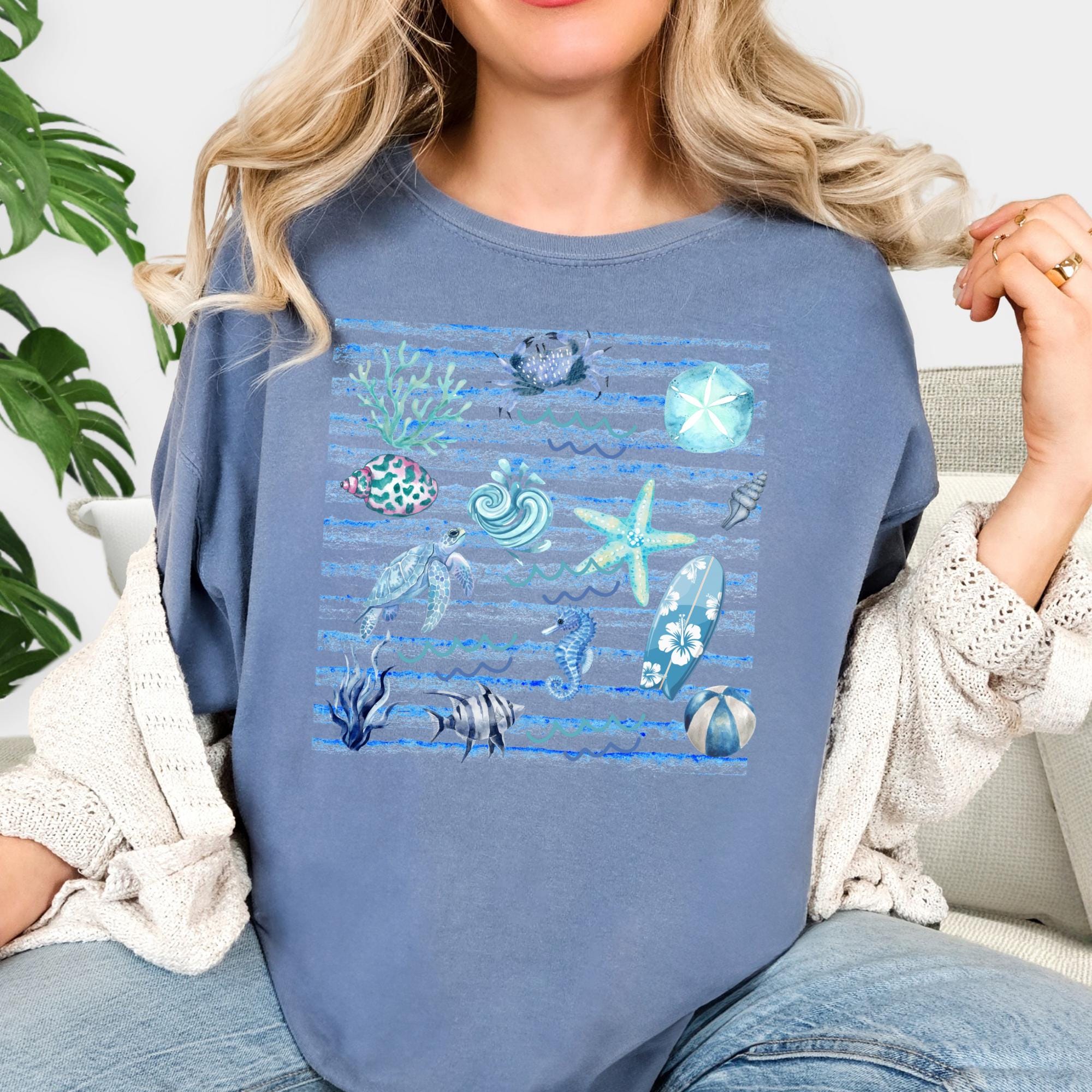 Coastal Watercolor Graphic Tee, Ocean Life, Beach Day Shirt