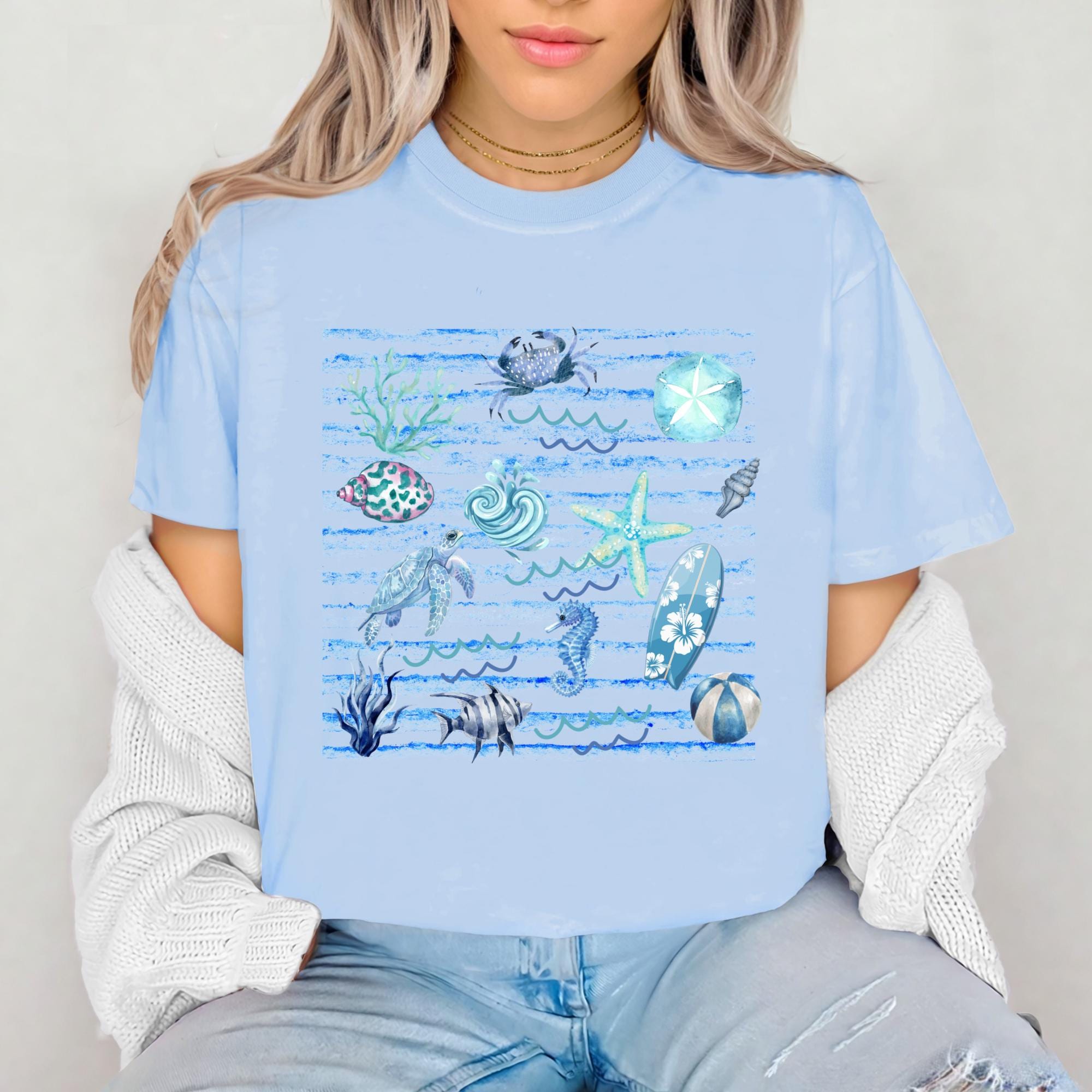 Coastal Watercolor Graphic Tee, Ocean Life, Beach Day Shirt