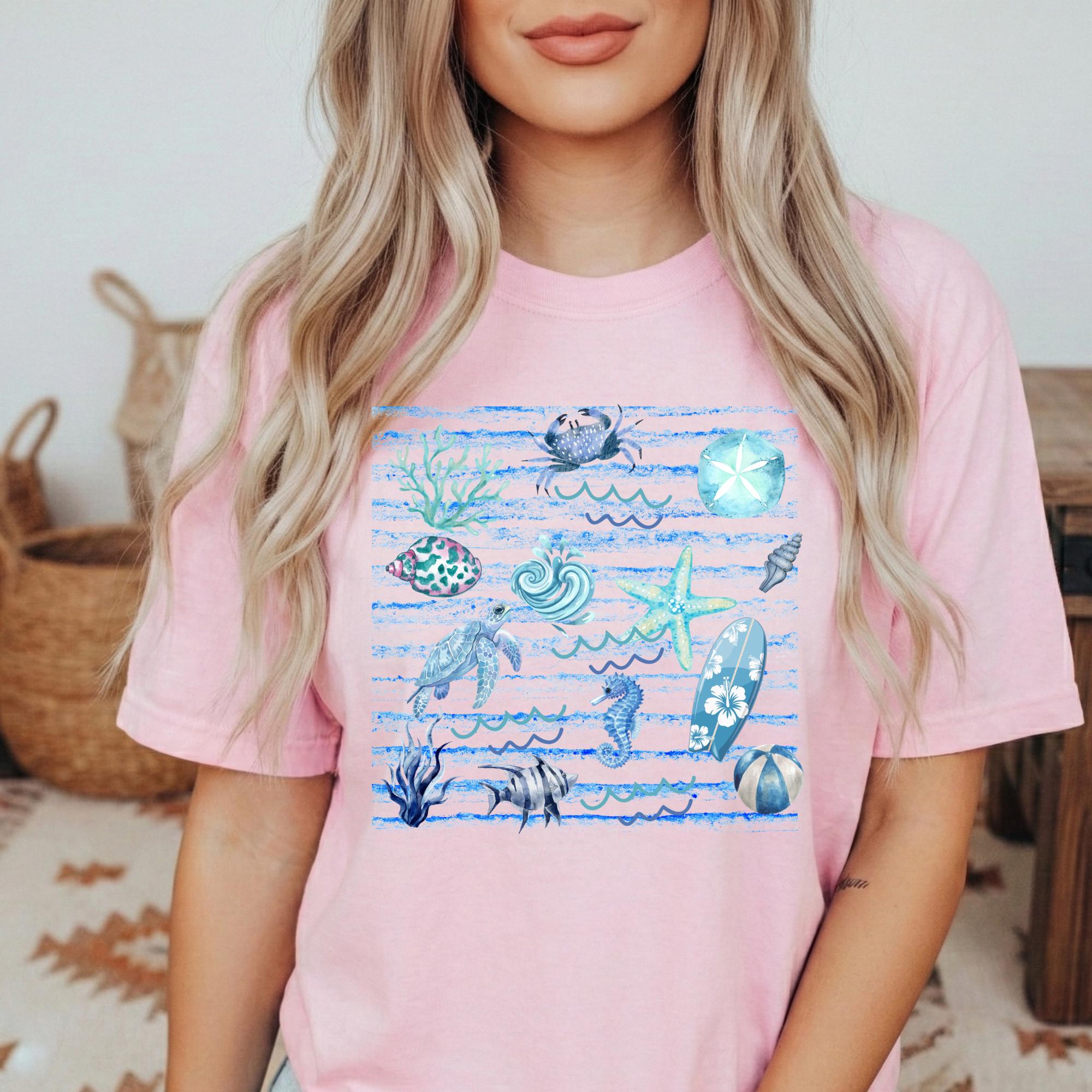 Coastal Watercolor Graphic Tee, Ocean Life, Beach Day Shirt