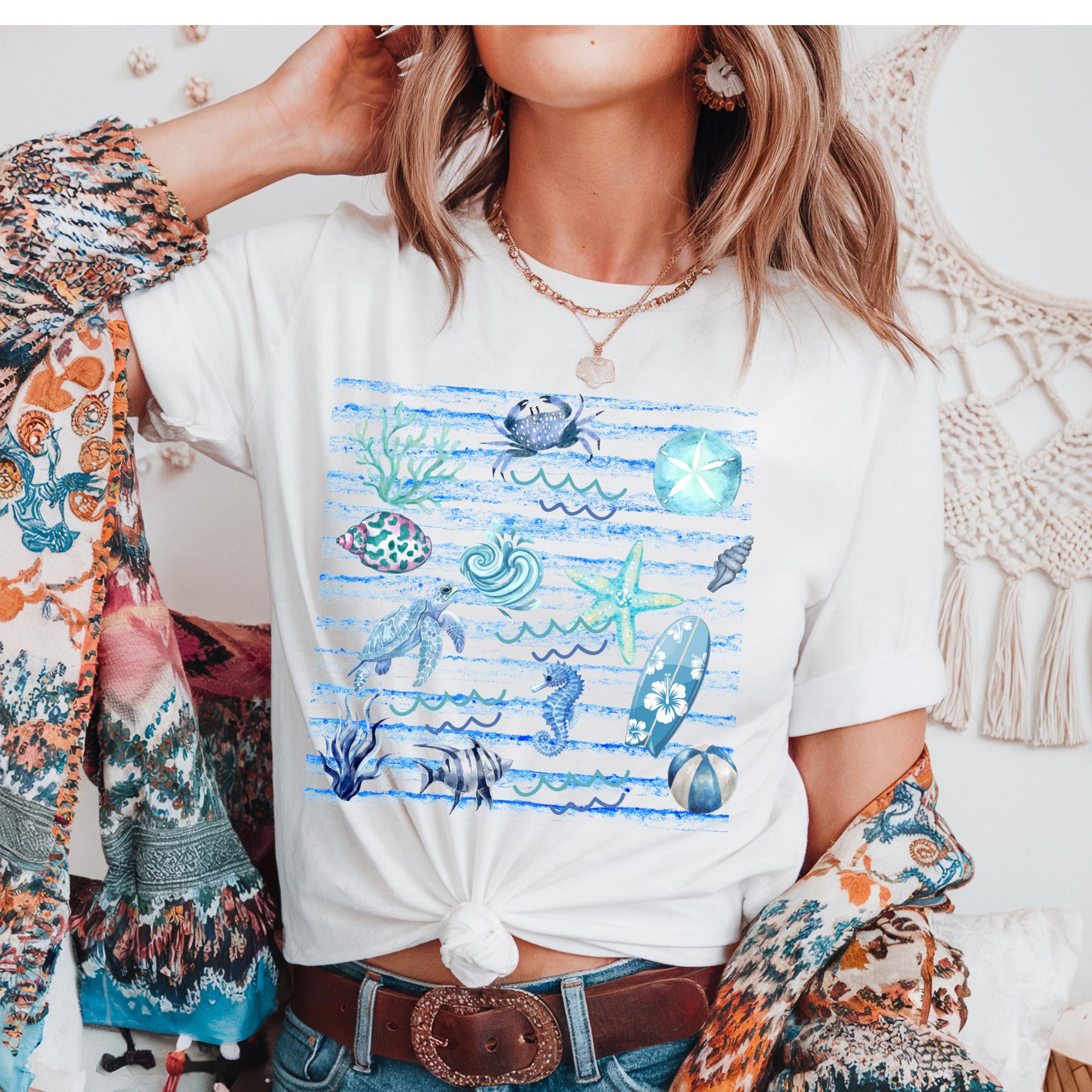 Coastal Watercolor Graphic Tee, Ocean Life, Beach Day Shirt