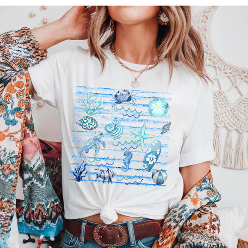 Coastal Watercolor Graphic Tee, Ocean Life, Beach Day Shirt