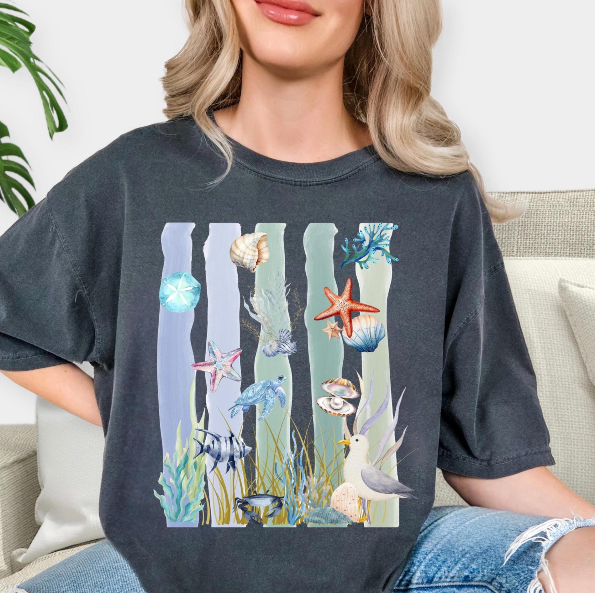 Coastal Watercolor T-Shirt, Vintage Sea Life Graphic Tee, Boho Beach Nature Shirt