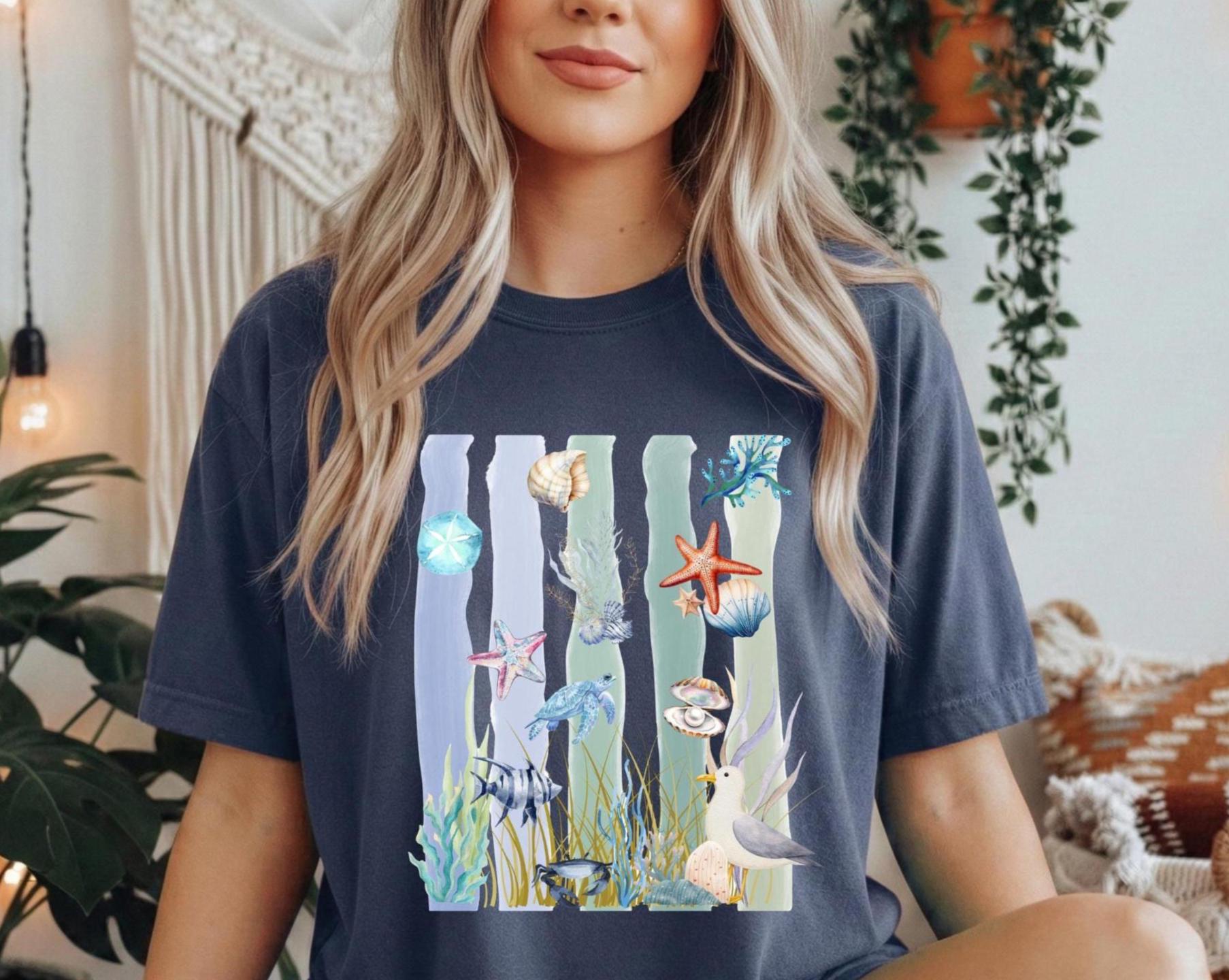 Coastal Watercolor T-Shirt, Vintage Sea Life Graphic Tee, Boho Beach Nature Shirt