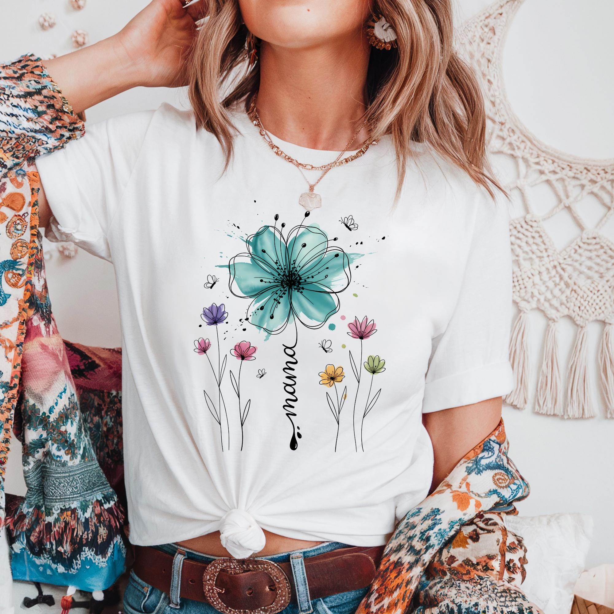 Mama Wildflower Watercolor T-Shirt, Boho Floral Mama Shirt