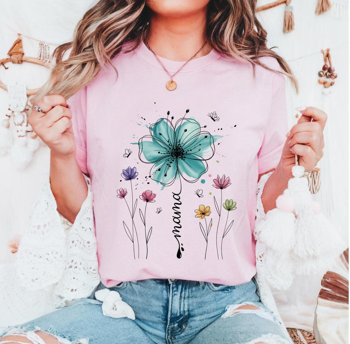 Mama Wildflower Watercolor T-Shirt, Boho Floral Mama Shirt