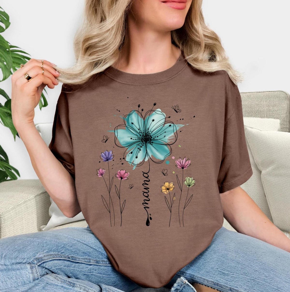 Mama Wildflower Watercolor T-Shirt, Boho Floral Mama Shirt
