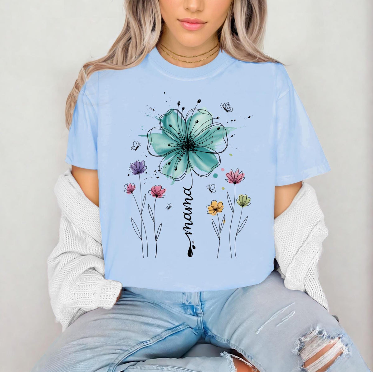 Mama Wildflower Watercolor T-Shirt, Boho Floral Mama Shirt