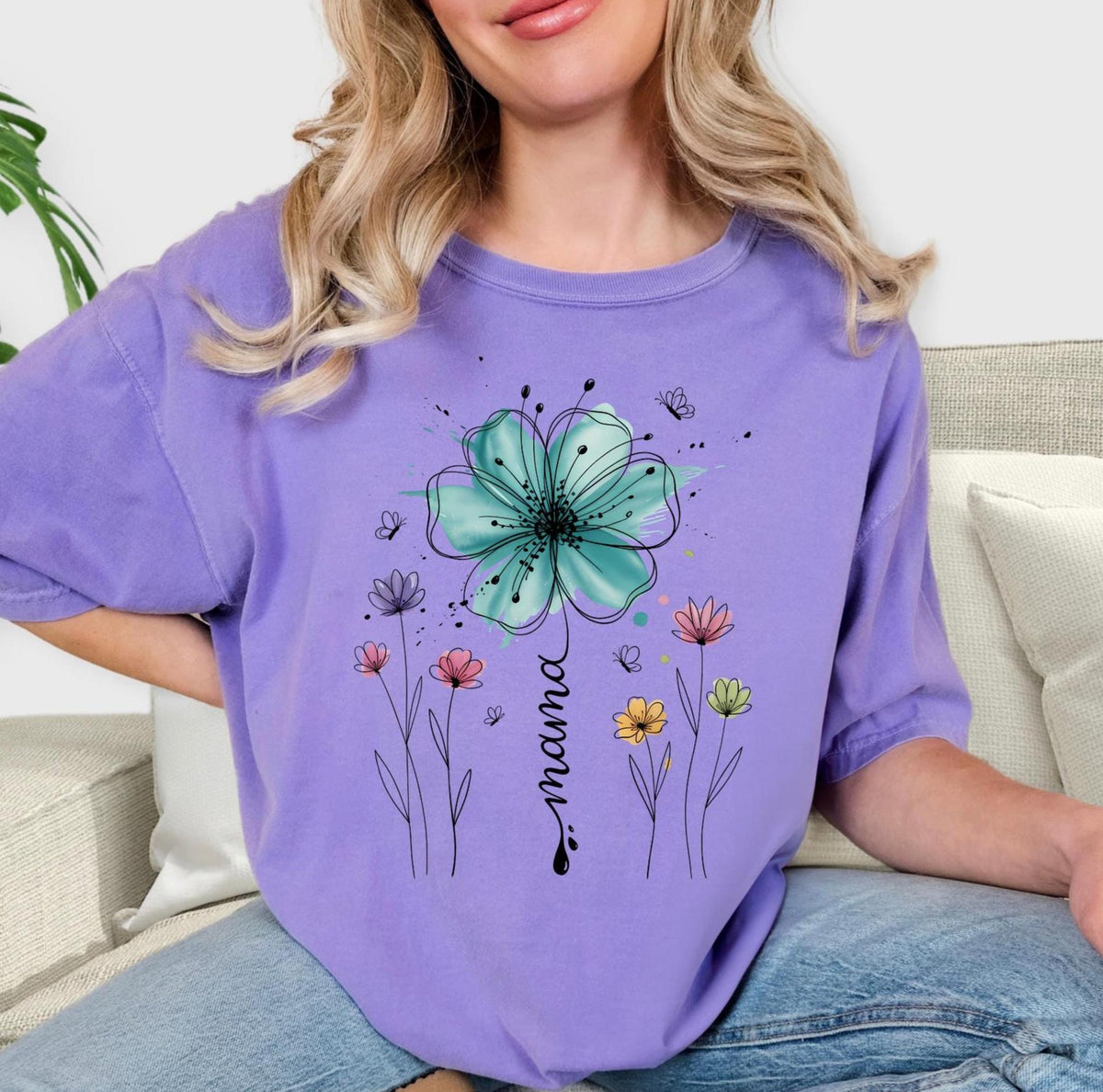 Mama Wildflower Watercolor T-Shirt, Boho Floral Mama Shirt