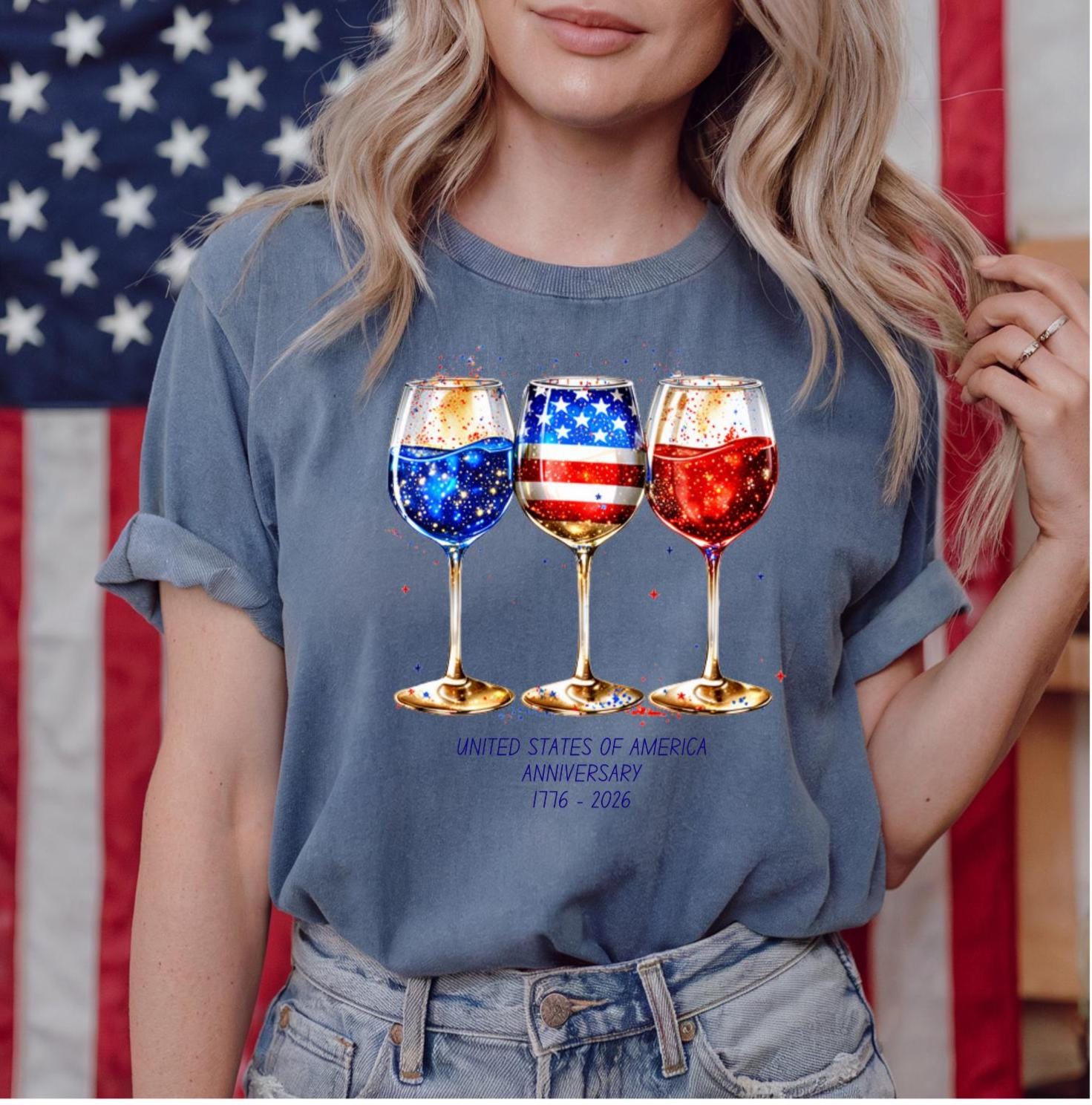 USA 250th Anniversary Wine Glasses Comfort Colors 1717 Shirt - America Sestercentennial 1776-2026