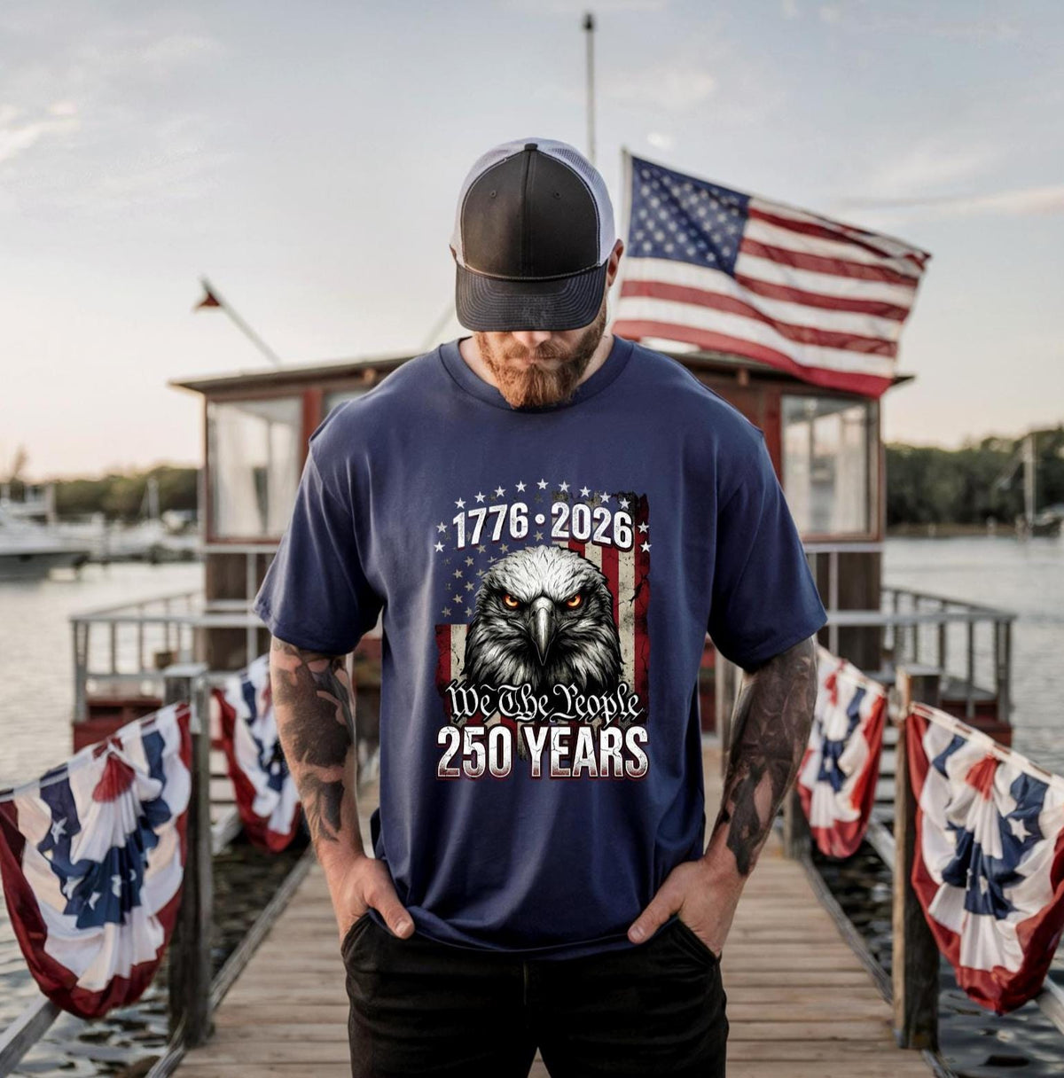 Patriotic Eagle 250 Years US | Vintage Distressed American Flag USA Quarter Millennium T-Shirt | 4th of July Independence Day Mens Tee