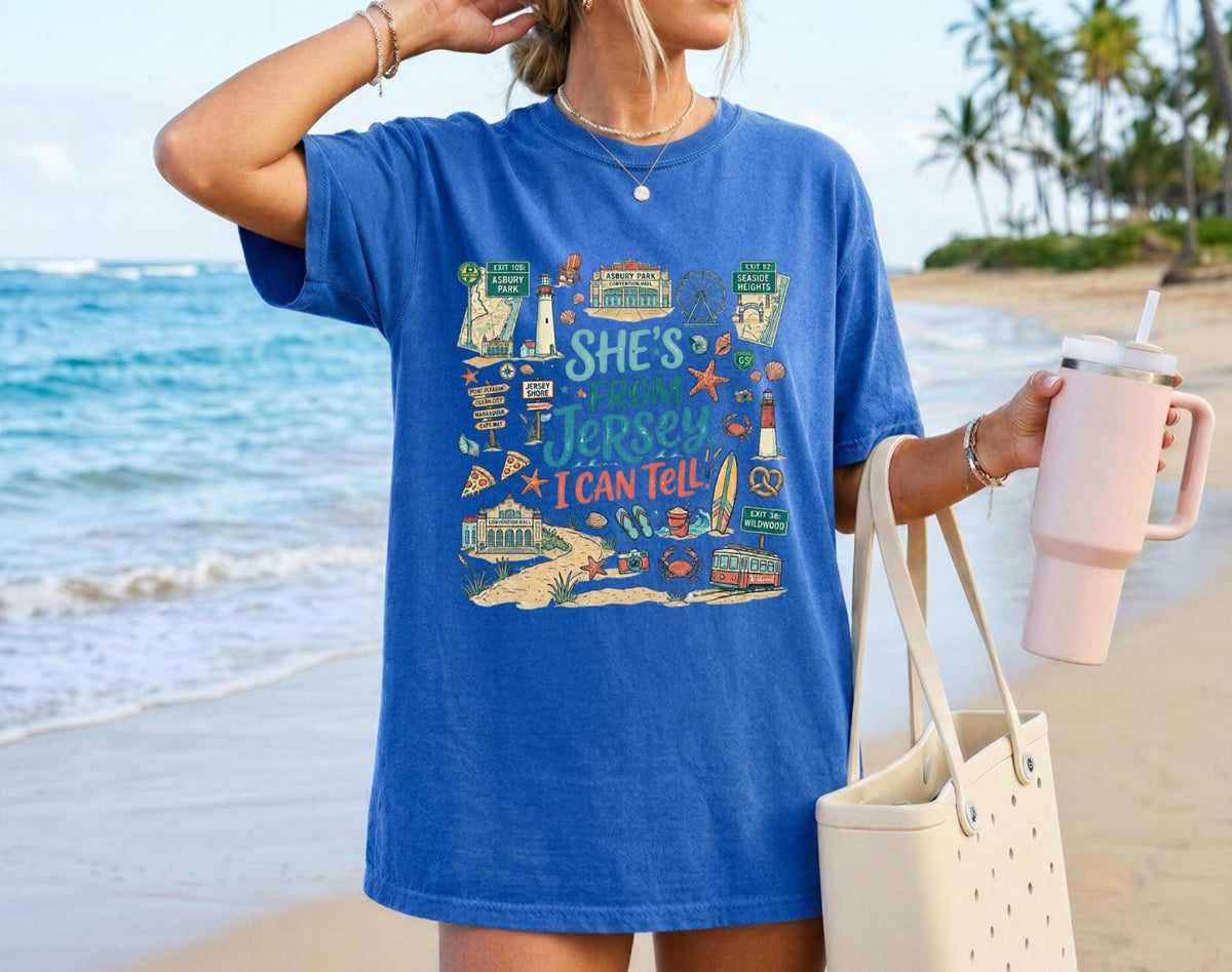 She's From Jersey I Can Tell Shirt, Comfort Colors 1717 Jersey Shore Tee, New Jersey Beach Vacation T-Shirt, Coastal Jersey Girl Graphic Tee