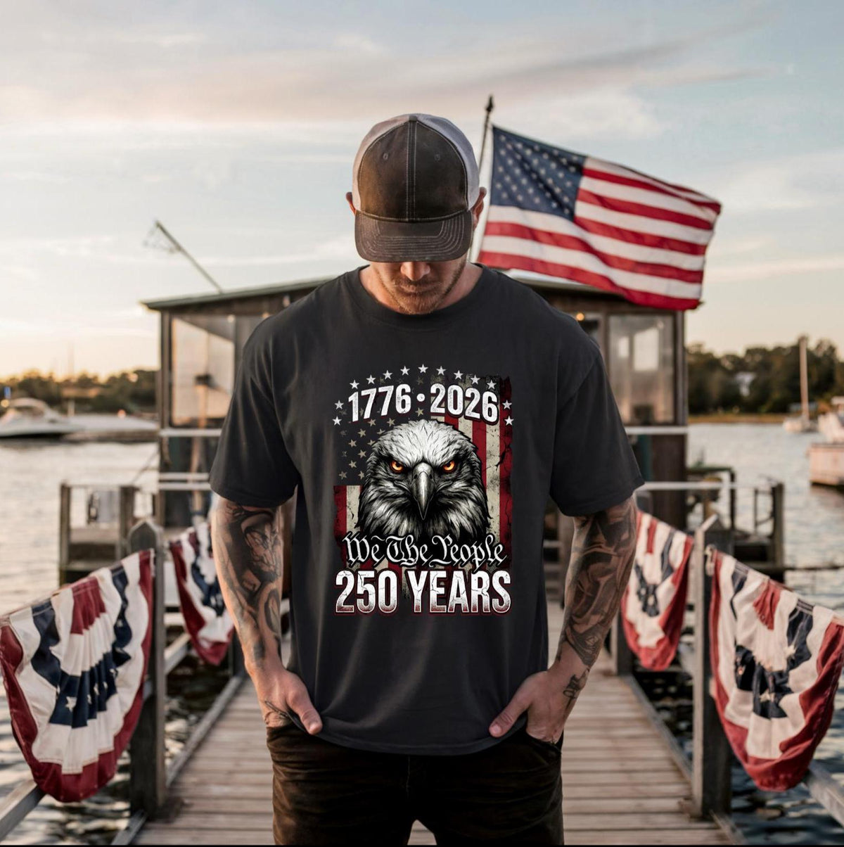 Patriotic Eagle 250 Years US | Vintage Distressed American Flag USA Quarter Millennium T-Shirt | 4th of July Independence Day Mens Tee