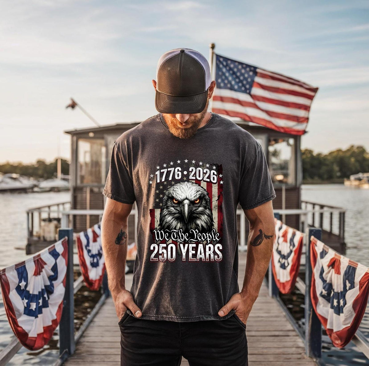 Patriotic Eagle 250 Years US | Vintage Distressed American Flag USA Quarter Millennium T-Shirt | 4th of July Independence Day Mens Tee