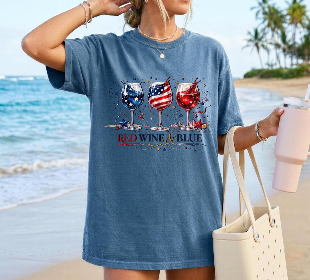 Red Wine and Blue Shirt, 4th of July Wine Tee, Patriotic Wine Glasses T-Shirt, Patriotic Graphic Tee,  Trendy Patriotic Wine Lovers Gift