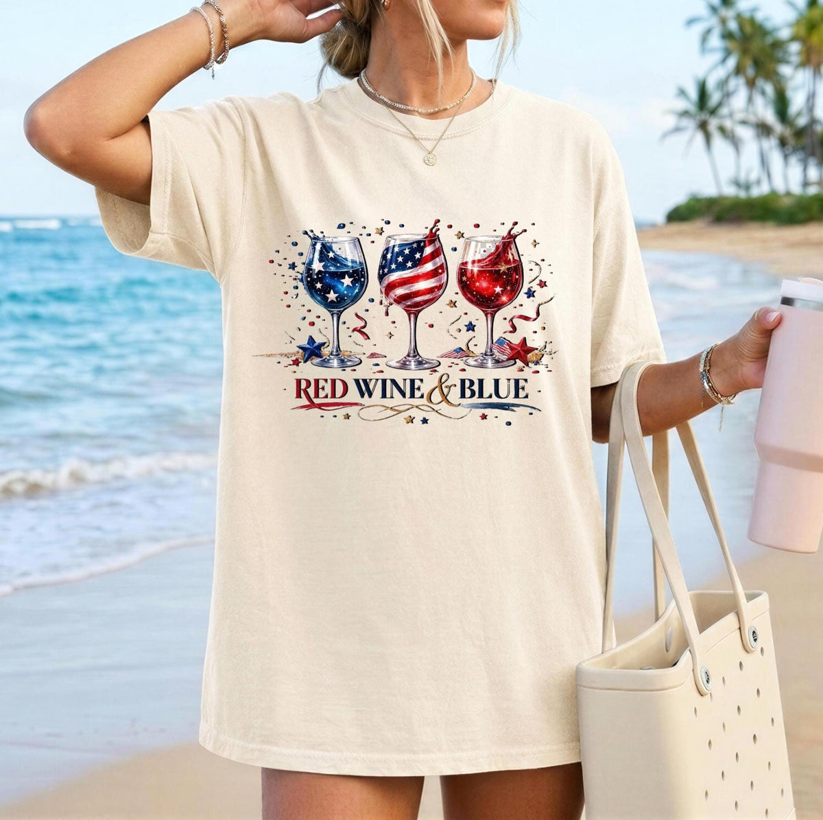 Red Wine and Blue Shirt, 4th of July Wine Tee, Patriotic Wine Glasses T-Shirt, Patriotic Graphic Tee,  Trendy Patriotic Wine Lovers Gift